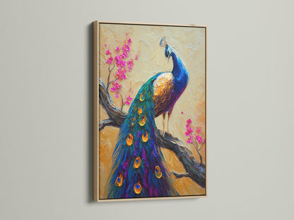 A vibrant peacock artwork is displayed in an oak frame. The frame's natural wood grain complements the artwork. The artwork features pink blossoms. The peacock has blue green and gold feathers.