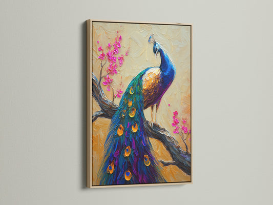 A vibrant peacock artwork is displayed in an oak frame. The frame's natural wood grain complements the artwork. The artwork features pink blossoms. The peacock has blue green and gold feathers.