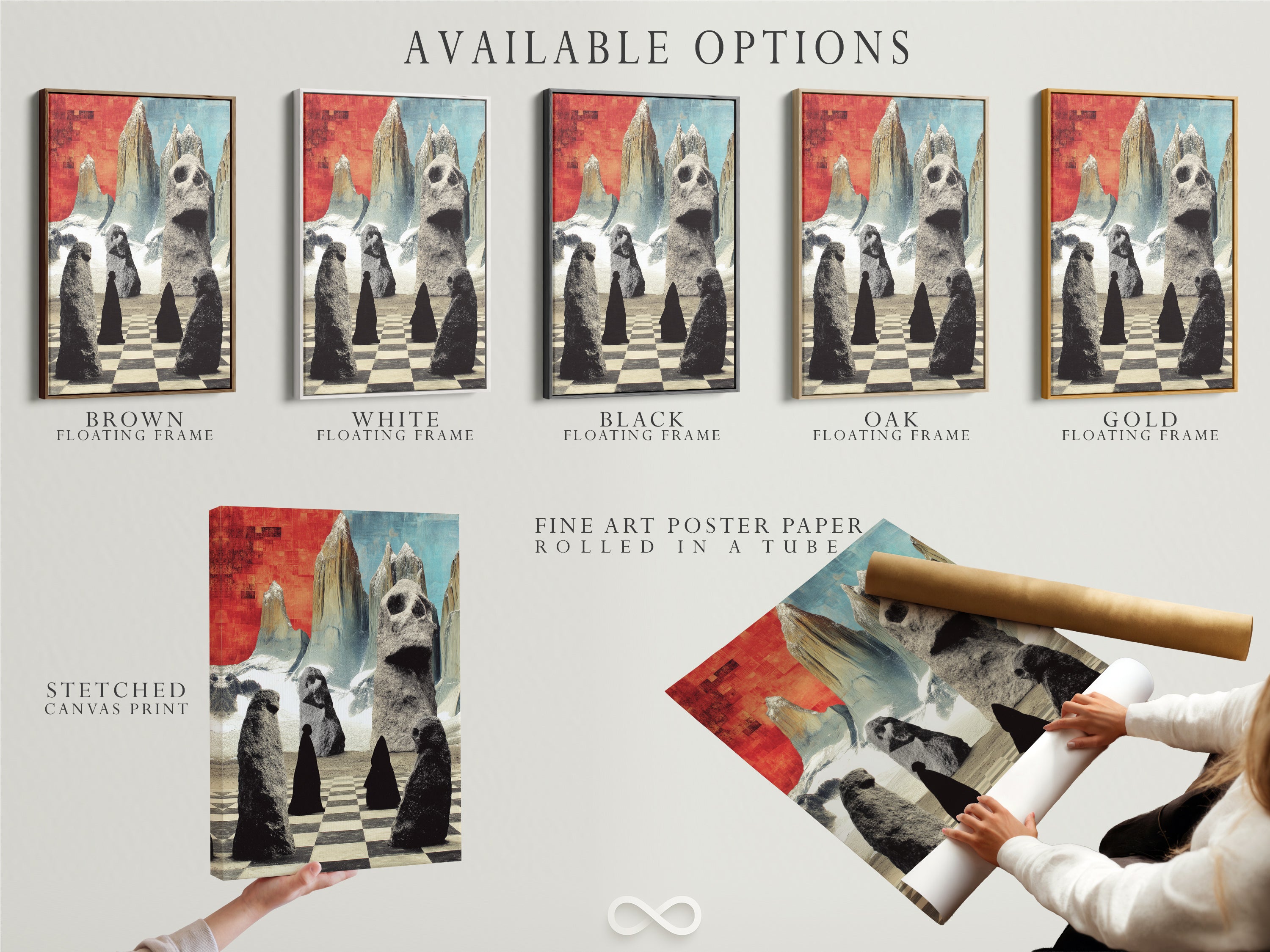 Explore available options for this surreal stone figures art. Select from stretched canvas prints fine art poster paper and floating frames. Customize your abstract landscape artwork to match your style. Enhance your home decor.