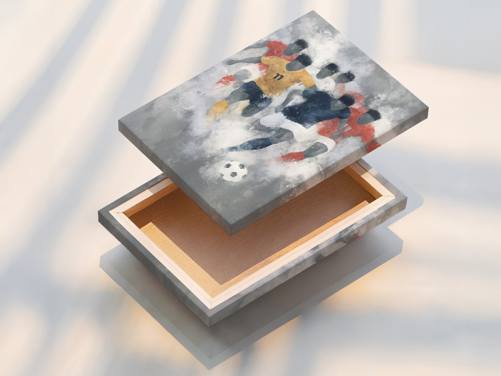 Detailed view of a stretched canvas print. The soccer abstract art is ready to hang. The stretched canvas enhances the texture and vibrancy of the sports wall decor. Perfect for creating an impactful display in any room. A great addition to any sports-themed collection.