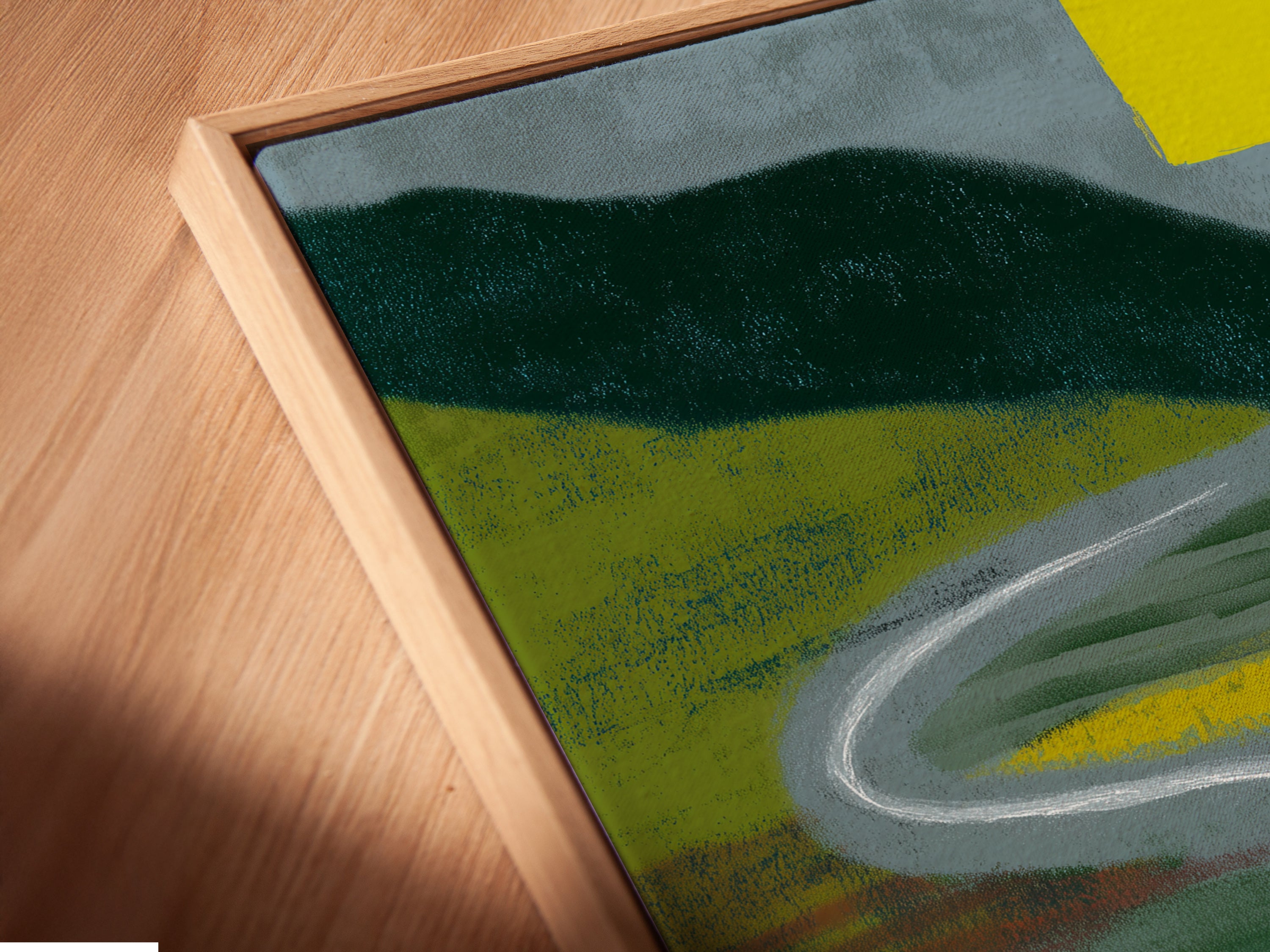 A close-up angled view shows a canvas print in a floating frame. The vintage Ferrari artwork is highlighted. The red sports car pops against the abstract background. Perfect wall decor for home or garage.