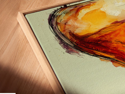 A close-up angle reveals the 'Hourglass Canvas Print' in a floating frame. The cyclist silhouette is encased in the hourglass. This modern artwork enhances wall decor. The abstract sienna colors add depth and sophistication. It is perfect for any contemporary space. A unique cyclist gift.