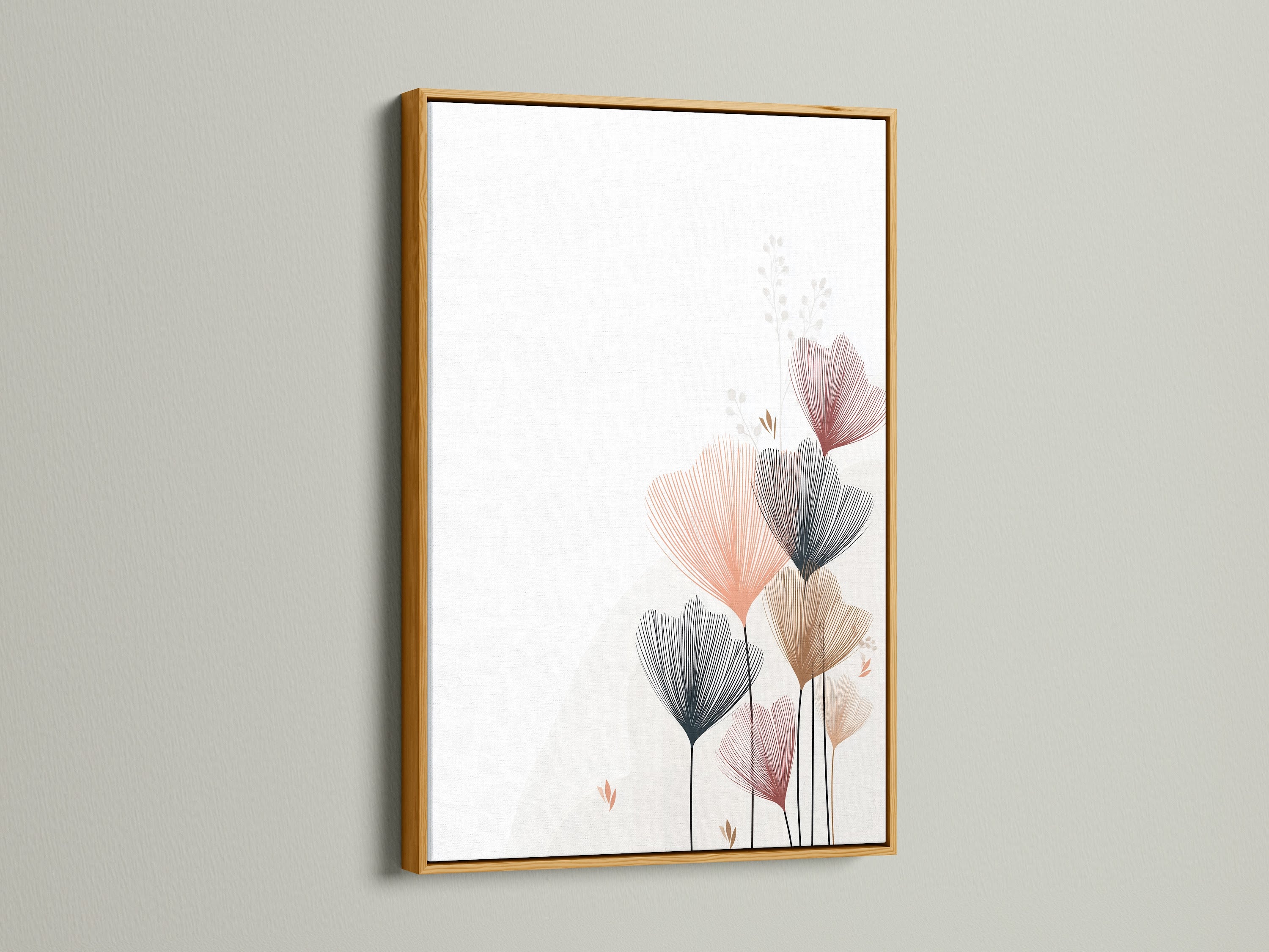 The gold frame adds a touch of luxury to this floral line art. The abstract flowers create a modern and stylish look. The neutral tones of the botanical print enhance any space. Perfect for adding a subtle artwork to your bedroom. Discover scandi decor.