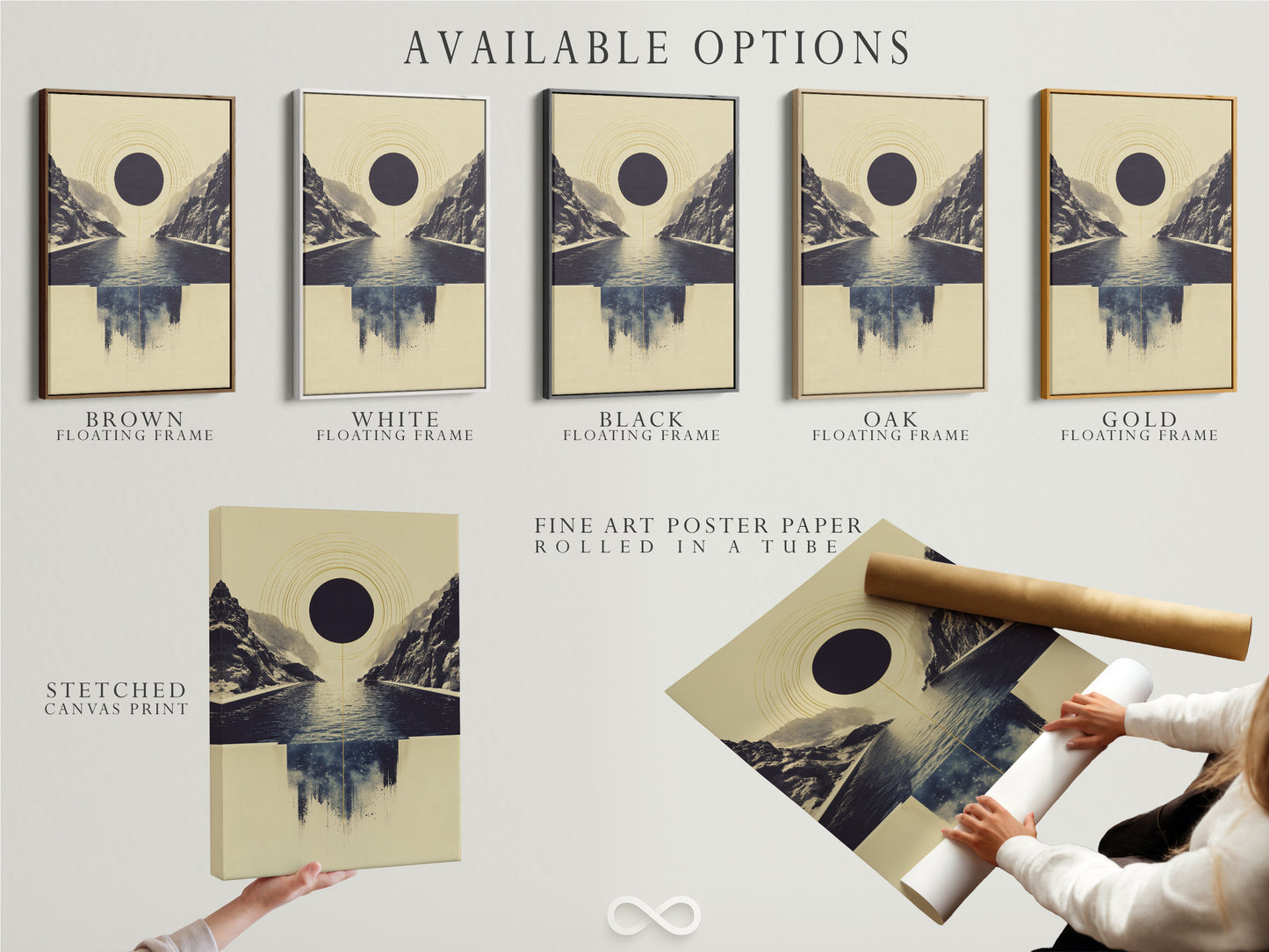 Explore available options for the abstract infinity pool artwork. Options include stretched canvas print fine art poster paper and floating frame. Customize your artwork to match your style. Perfect for modern minimalist and contemporary decor. Find the perfect piece for your space.