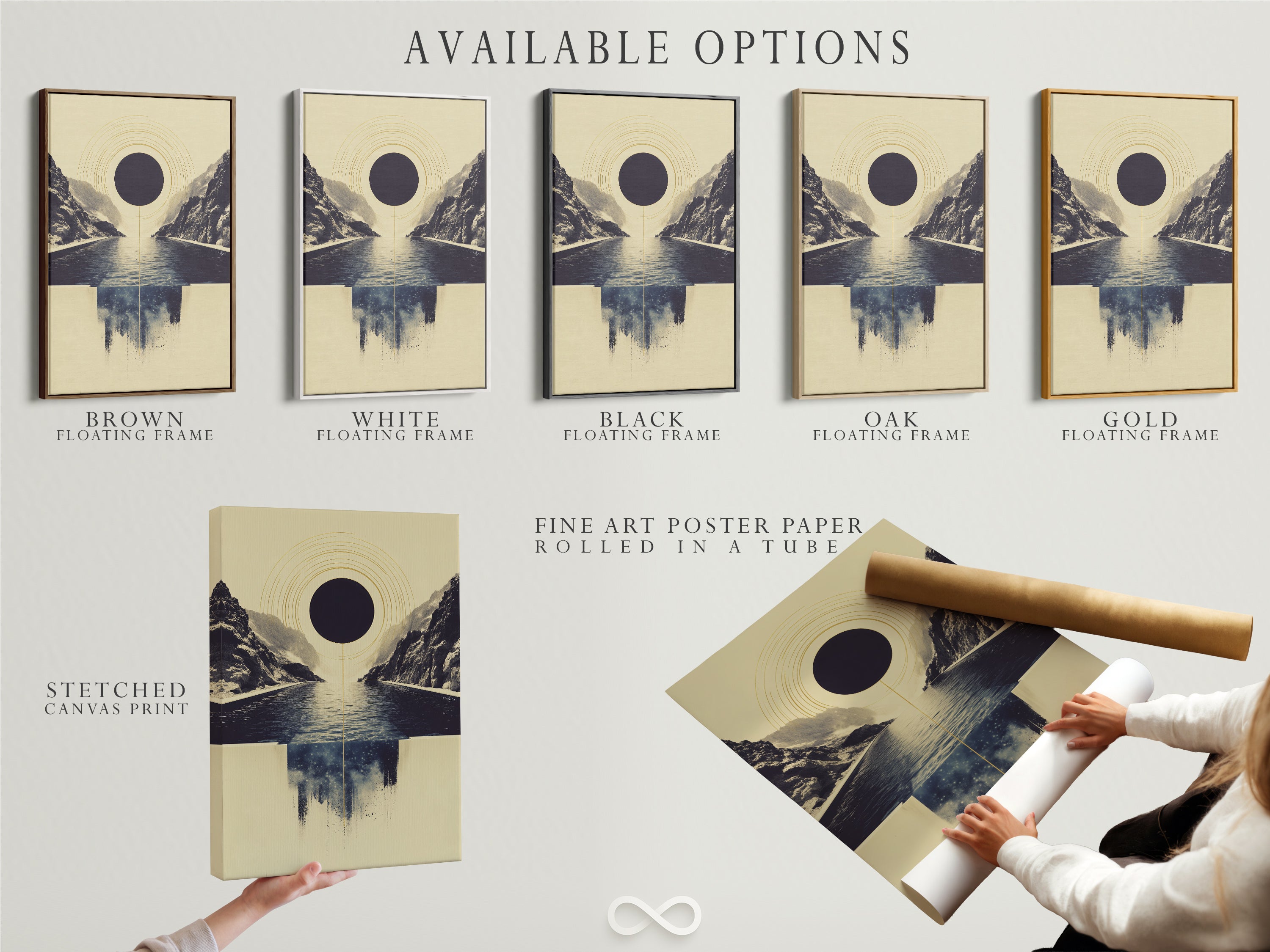 Explore available options for the abstract infinity pool artwork. Options include stretched canvas print fine art poster paper and floating frame. Customize your artwork to match your style. Perfect for modern minimalist and contemporary decor. Find the perfect piece for your space.