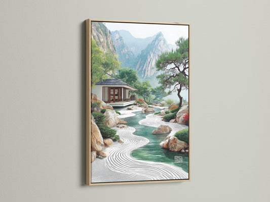 Zen Garden Asian Landscape Wall Art displayed in an oak frame. This mountain canvas brings calming scenery to any room. Ideal for living rooms bedrooms offices studios lobbies clinics and boardrooms.