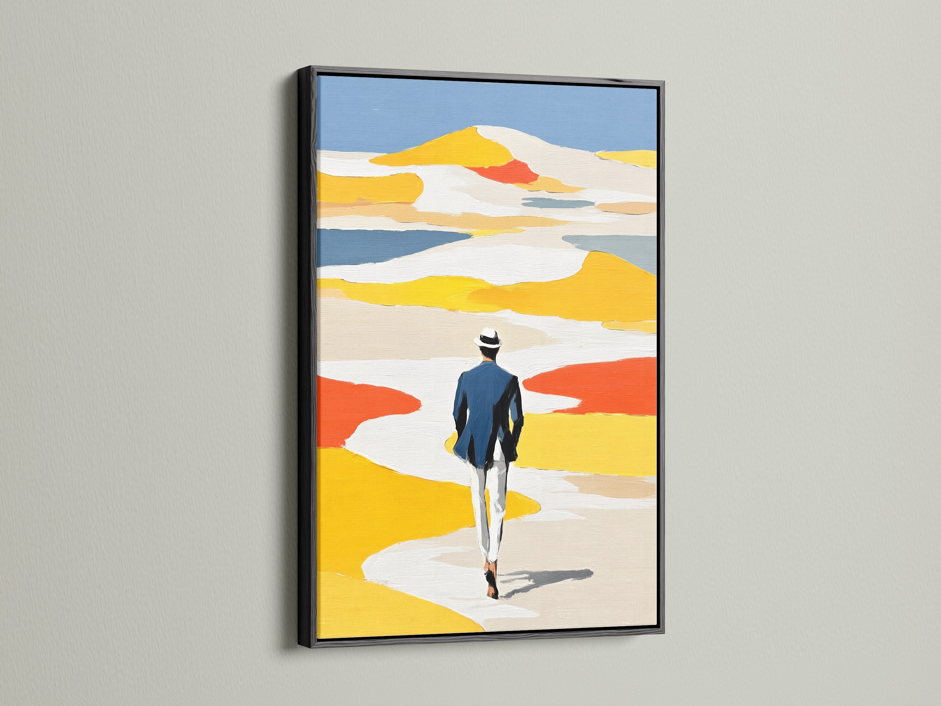 Abstract figure art print in a black frame. This striking artwork adds a bold statement to your wall decor. The black frame contrasts beautifully with the vibrant colors. Perfect for modern homes seeking elegant minimalist art.