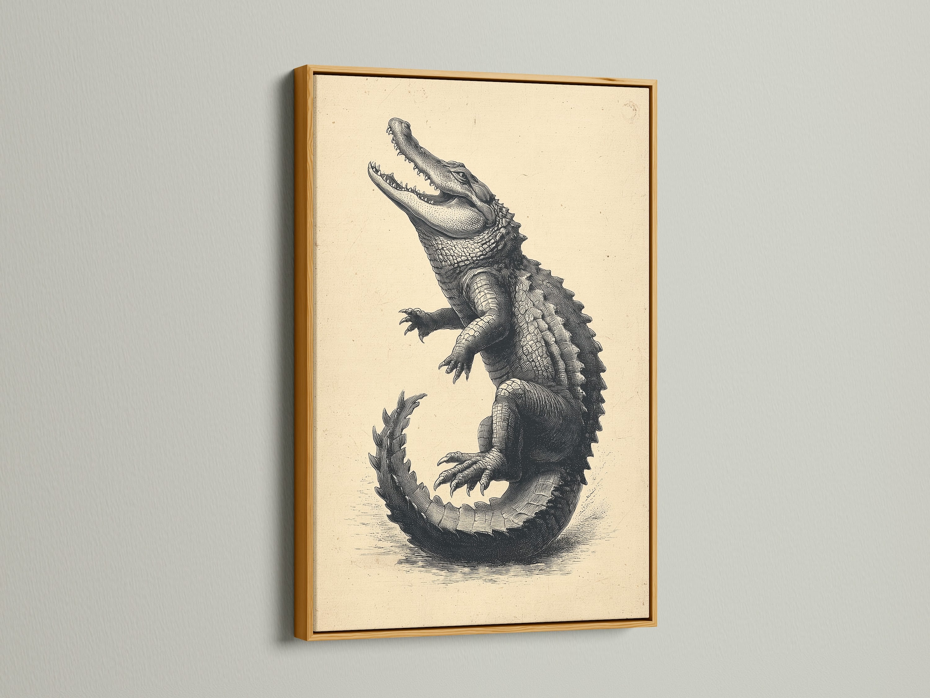 Vintage alligator artwork in a gold frame. This antique reptile print is a unique piece of natural history. Great for study room decor and professional offices. A sophisticated choice for man caves.