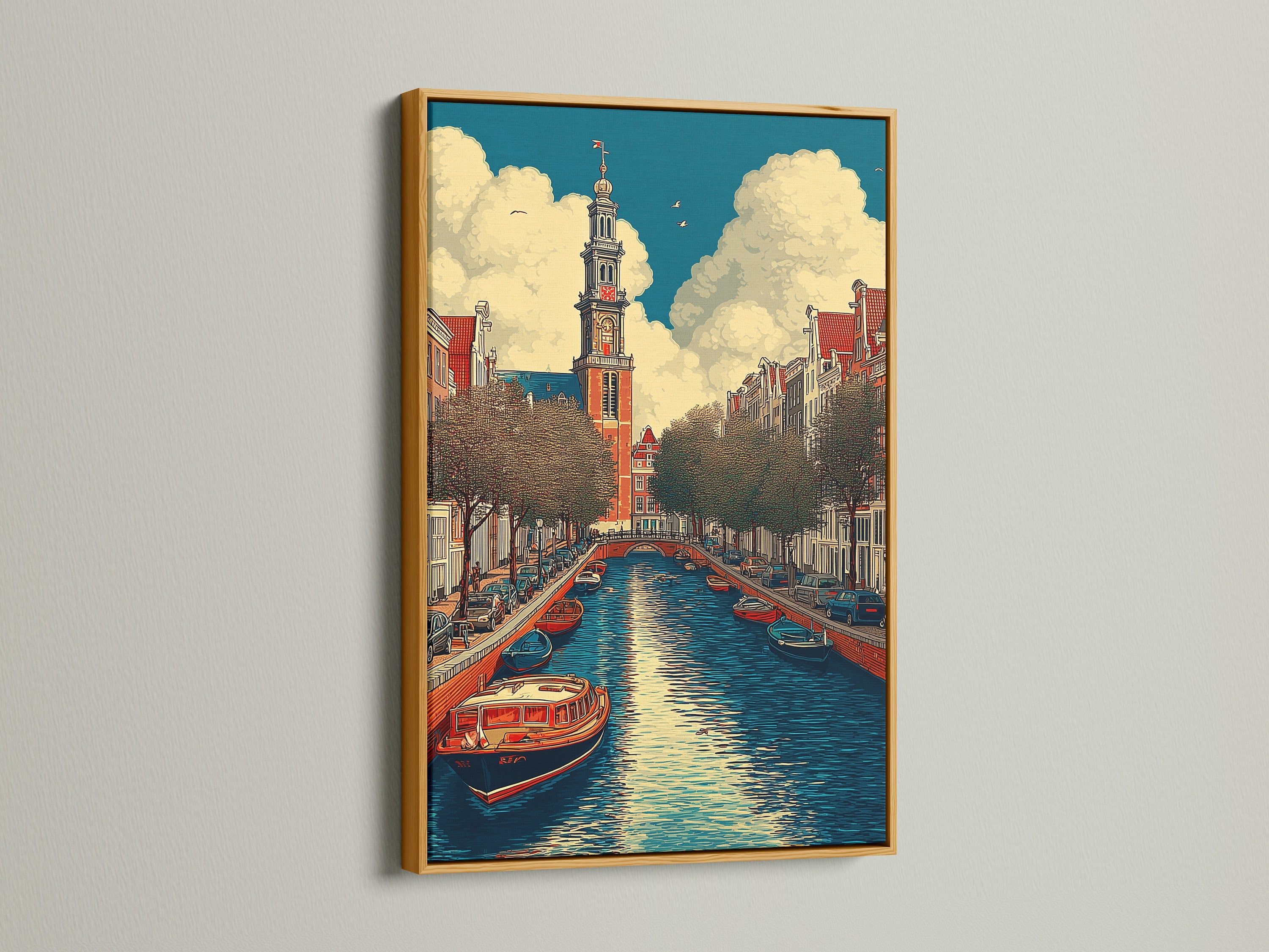 Stampa su tela del canale di Amsterdam - Arte murale con architettura olandese d'epoca, poster con paesaggio urbano europeo per l'arredamento del soggiorno