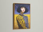 This surreal portrait artwork of a woman with a bob haircut is presented in a gold frame. This artwork exudes luxury and sophistication. It makes a striking focal point for any room. The artwork is gallery-wrapped.