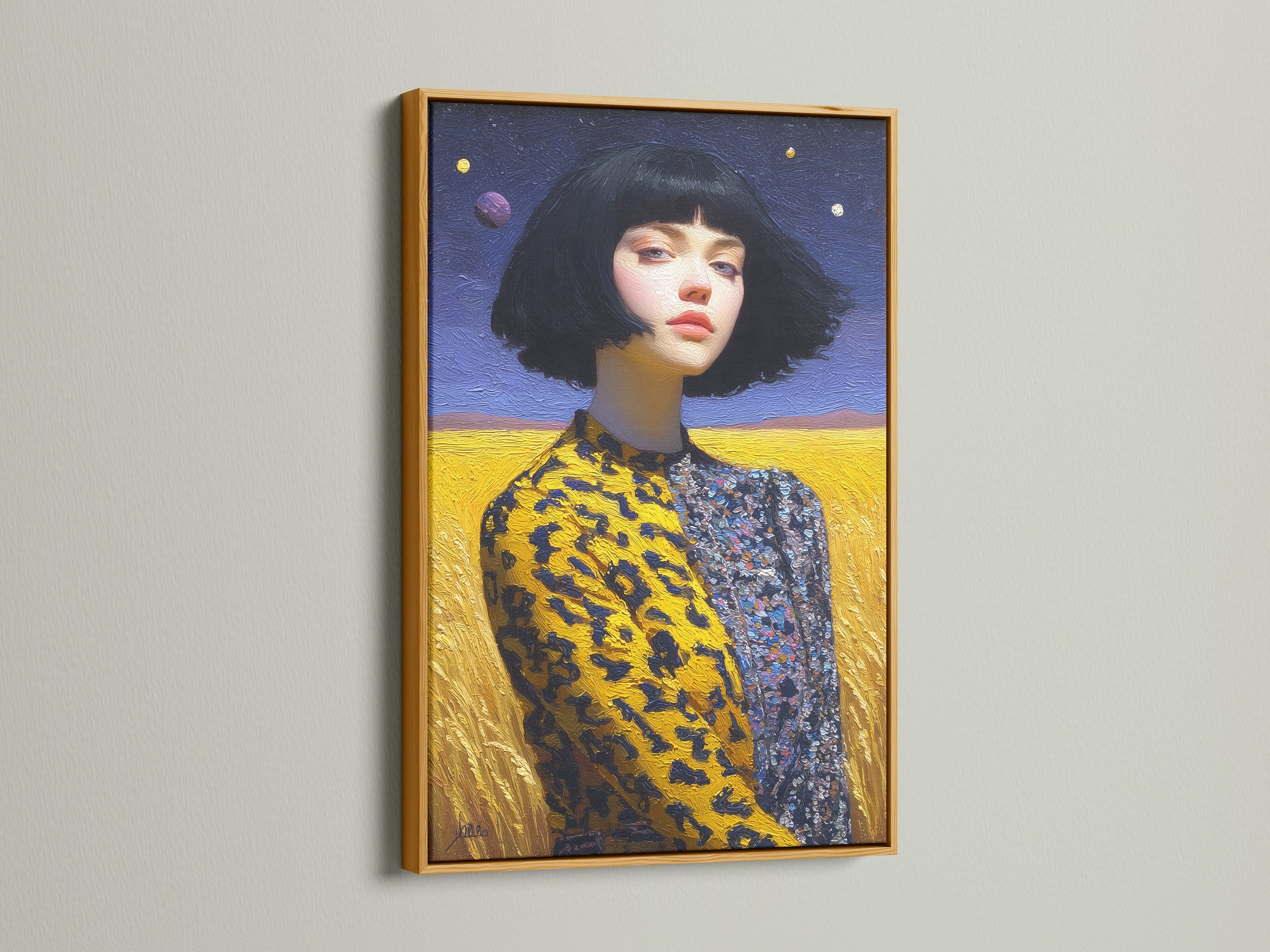 This surreal portrait artwork of a woman with a bob haircut is presented in a gold frame. This artwork exudes luxury and sophistication. It makes a striking focal point for any room. The artwork is gallery-wrapped.