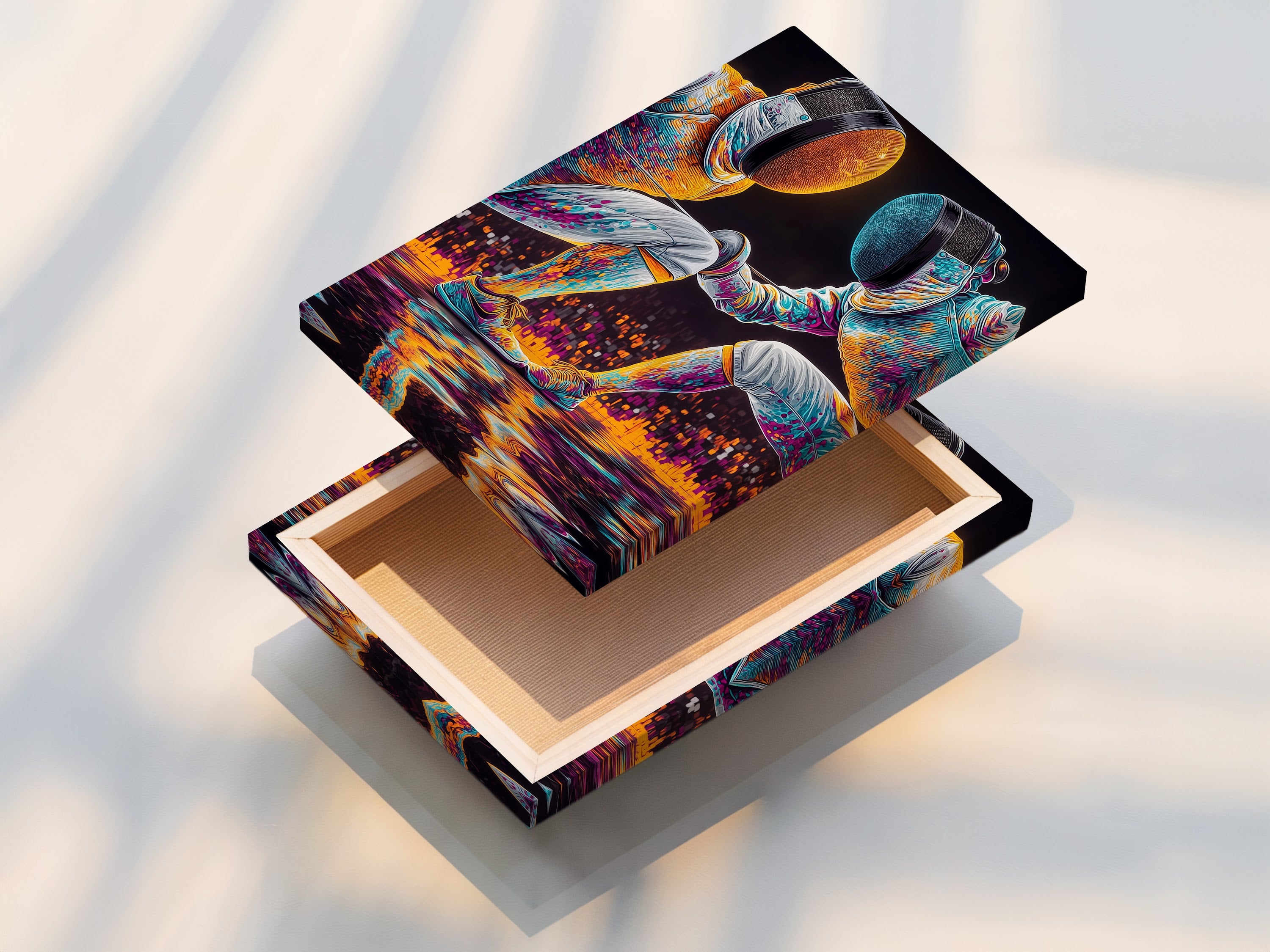 A stretched canvas print of the Fencing Duel artwork. This showcases the texture and vibrant colors of the sport canvas print. It will add a dynamic touch to any teen boy room or game room setting