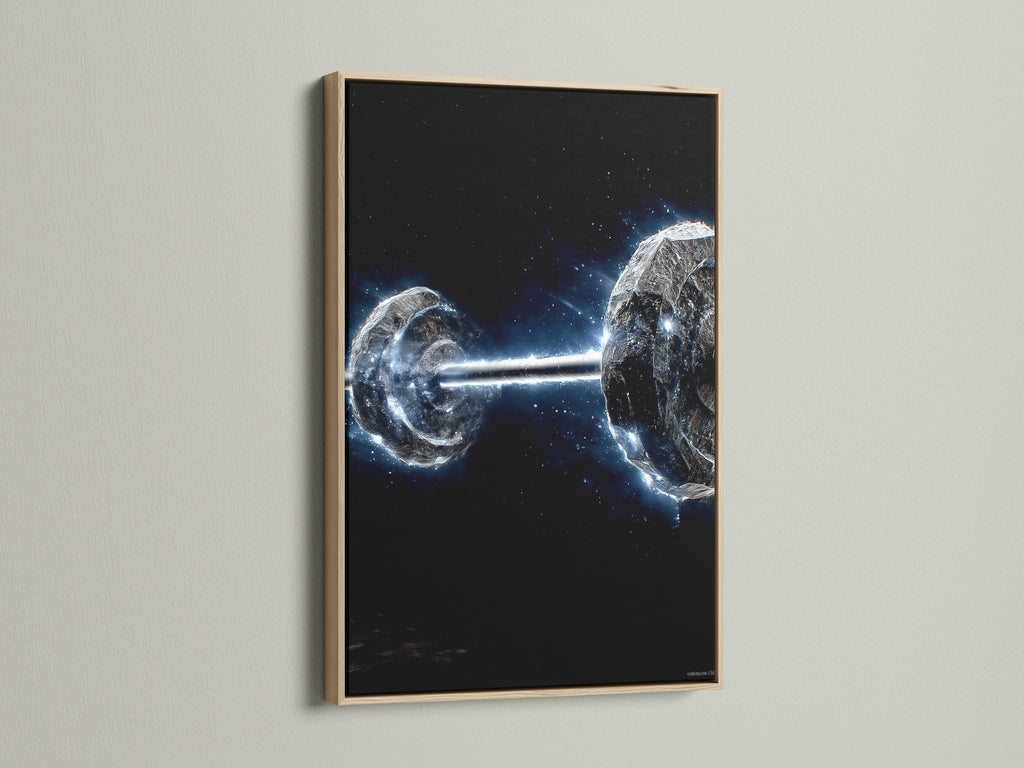 Cosmic Collision artwork with an oak frame. The space art canvas print brings galaxy astronomy to your walls. Ideal modern wall decor for living rooms bedrooms or offices. Elevate your interior with this stellar piece.