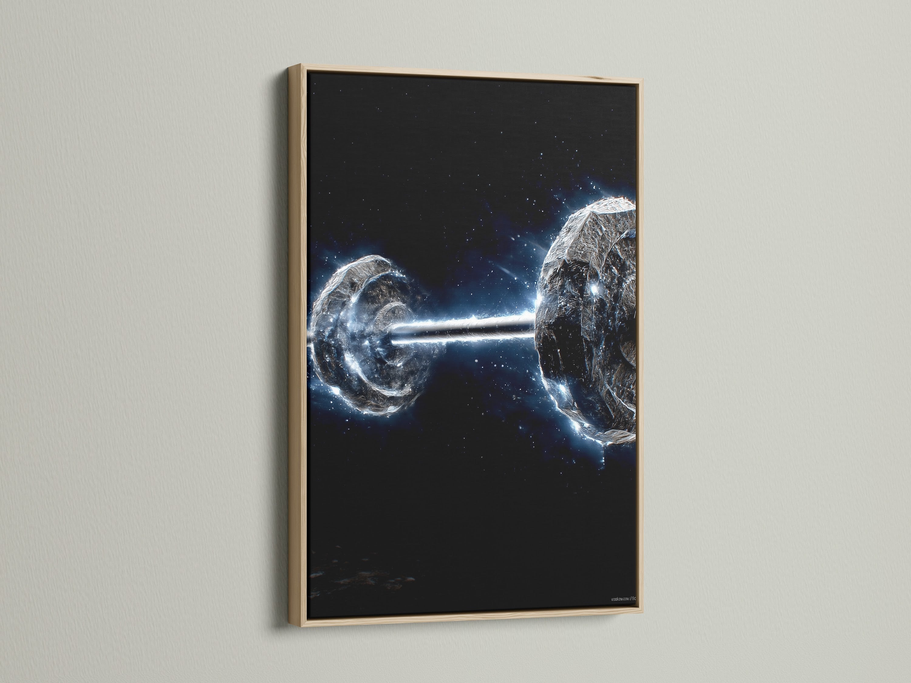 Cosmic Collision artwork with an oak frame. The space art canvas print brings galaxy astronomy to your walls. Ideal modern wall decor for living rooms bedrooms or offices. Elevate your interior with this stellar piece.
