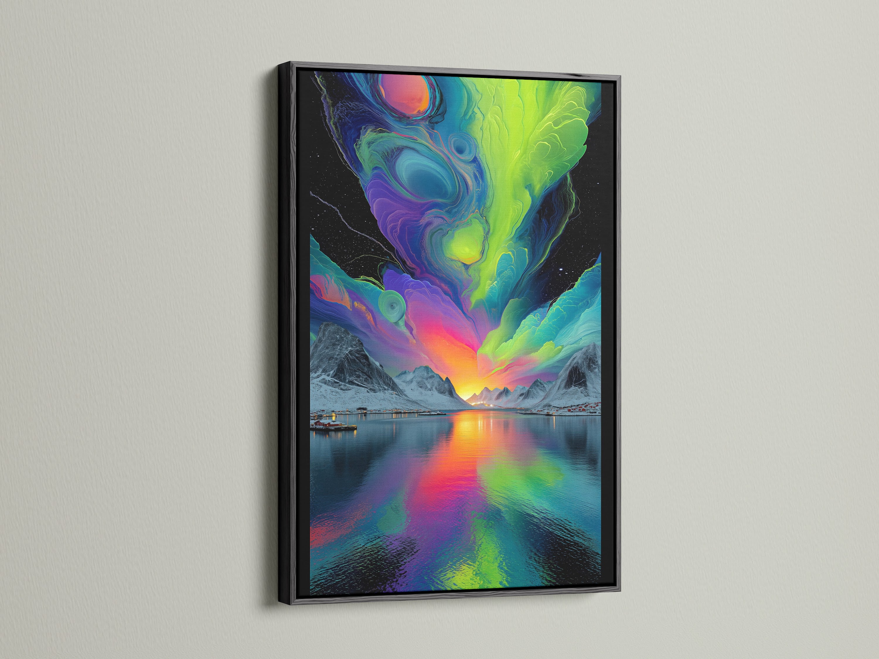 Black frame highlights the aurora borealis wall art. The modern landscape artwork brings vivid colors to any room. Ideal for home art prints and office wall art. Its bold contrast makes it a striking piece.