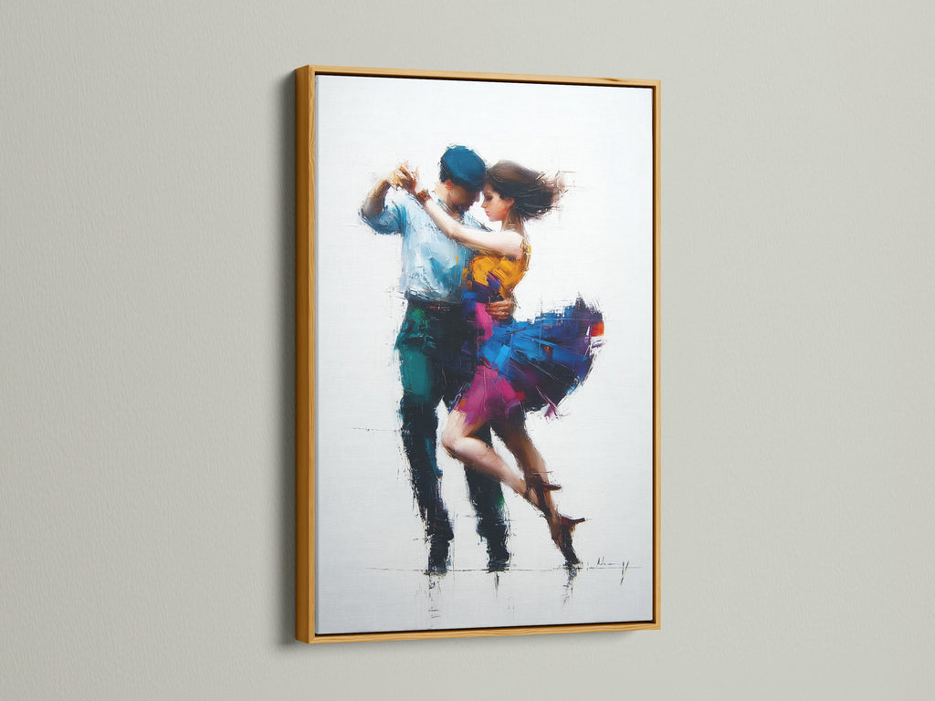 Artwork of a couple dancing is presented in a gold frame. The gold frame brings a touch of luxury. This artwork adds a glamorous accent to your home. It is perfect for creating a focal point. The art is sure to impress.
