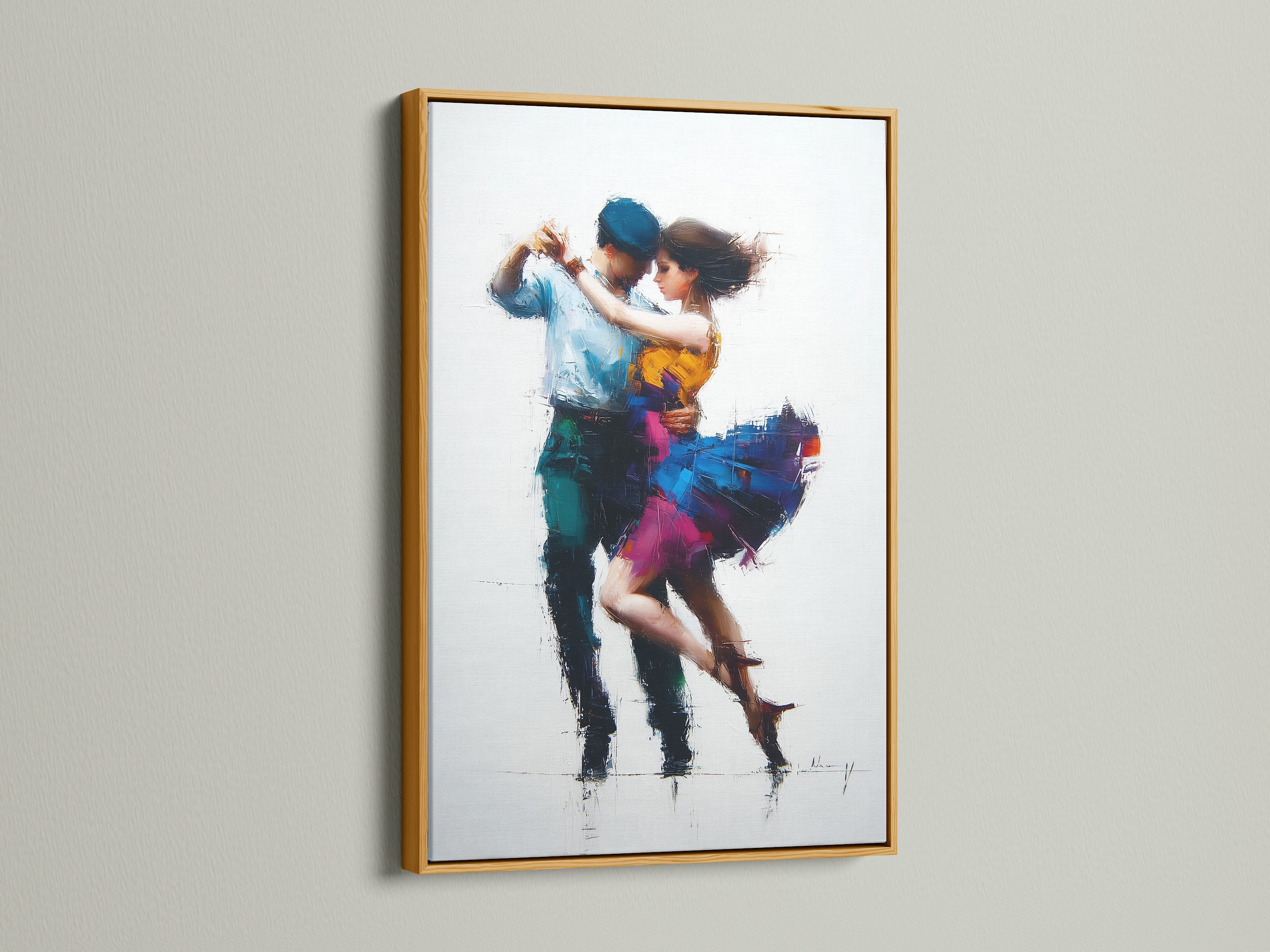 Artwork is beautifully presented in a gold frame. The art print features a dancing couple. The gold frame adds a touch of luxury. It enhances the artwork's richness. This frame is perfect for adding elegance to your space. It is a timeless choice for displaying cherished art.