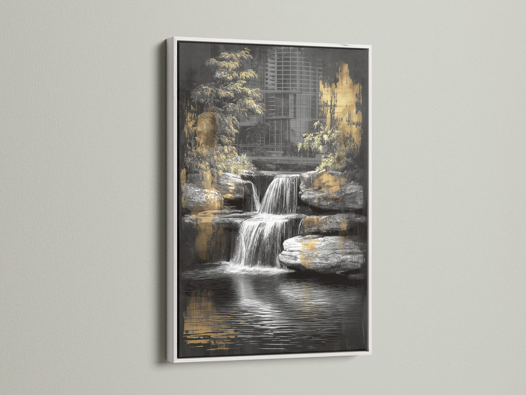 Waterfall art is displayed in a white frame. This zen garden print brings nature indoors. This tranquil artwork is perfect for creating a serene atmosphere. The urban oasis decor complements minimalist styles. Black and gold accents add elegance to this fine art.