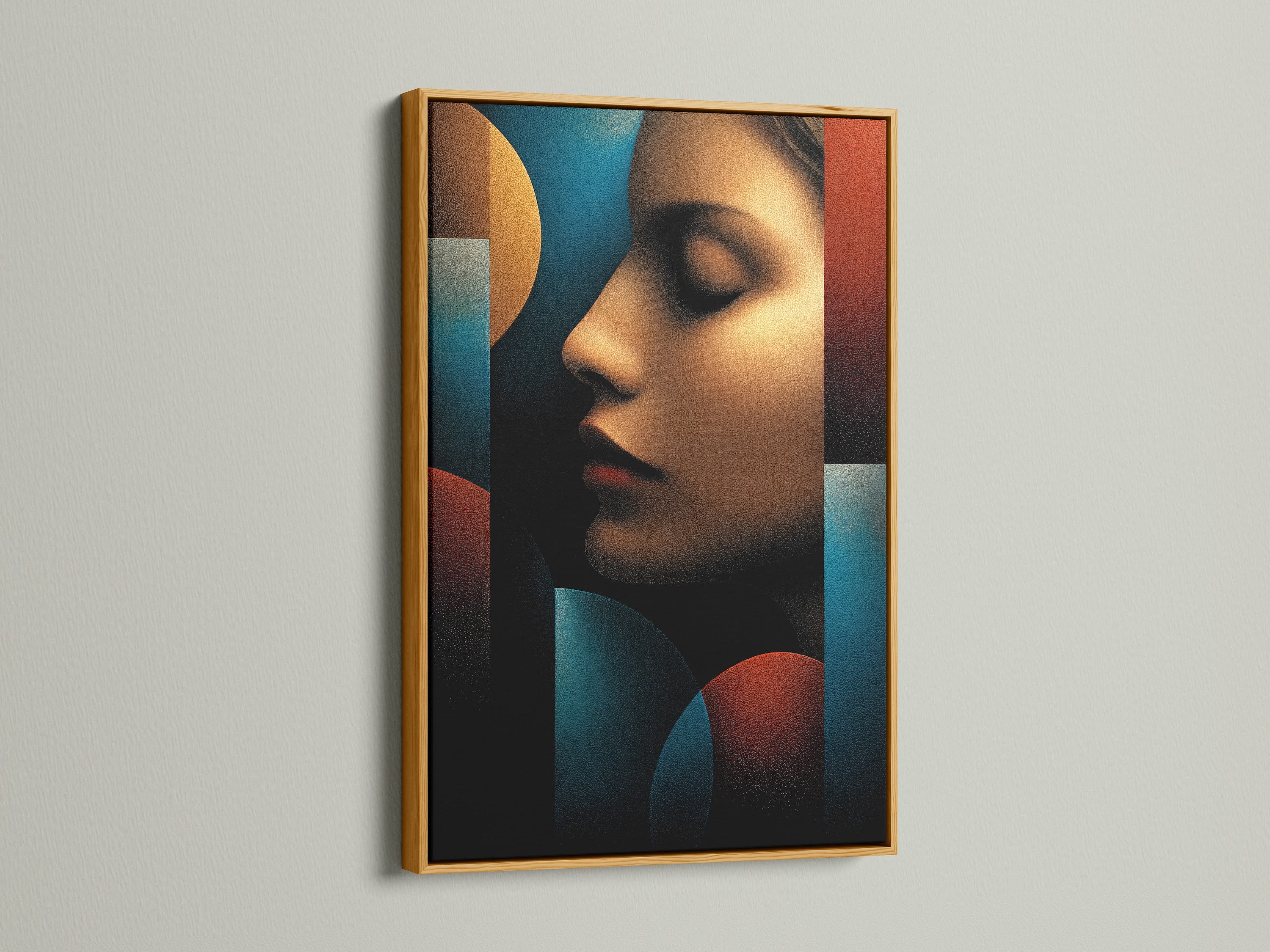 The gold frame artwork is displayed. The artwork features a woman's profile with geometric shapes. The colors are rich and vibrant. This is a stylish addition to any room. The gold frame provides a luxurious and elegant look.