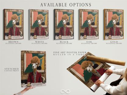Available options include stretched canvas print. Also available are fine art poster paper and floating frame. The quirky llama art suits any style. Customize your whimsical animal art today.