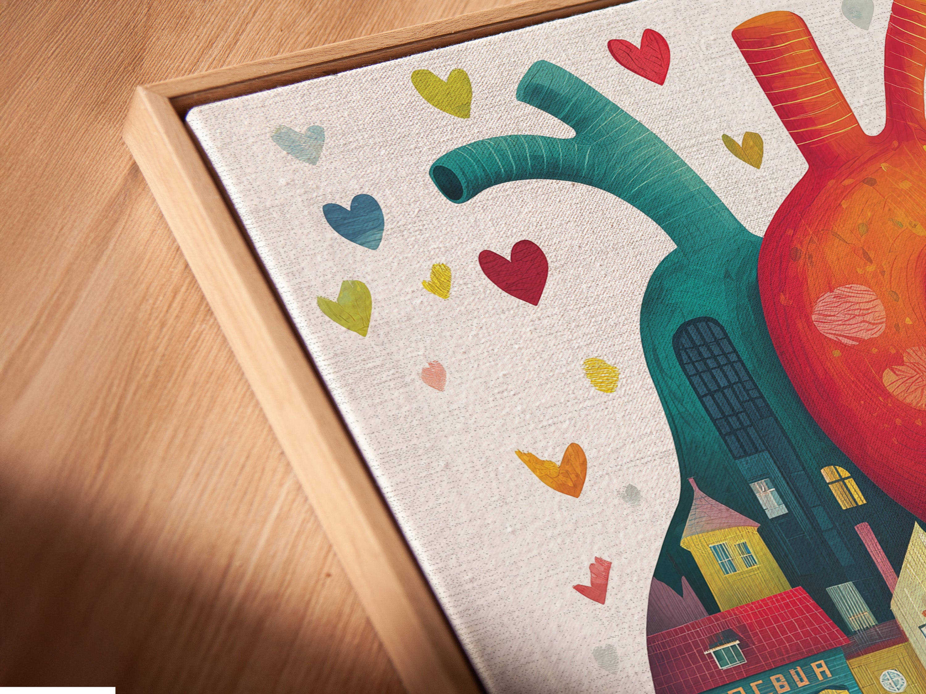 A close-up angle highlights a canvas print in a floating frame. The anatomical heart artwork features colorful city houses. The floating frame enhances the contemporary style. This medical art is perfect for adding a modern touch. The canvas print brings the artwork to life.