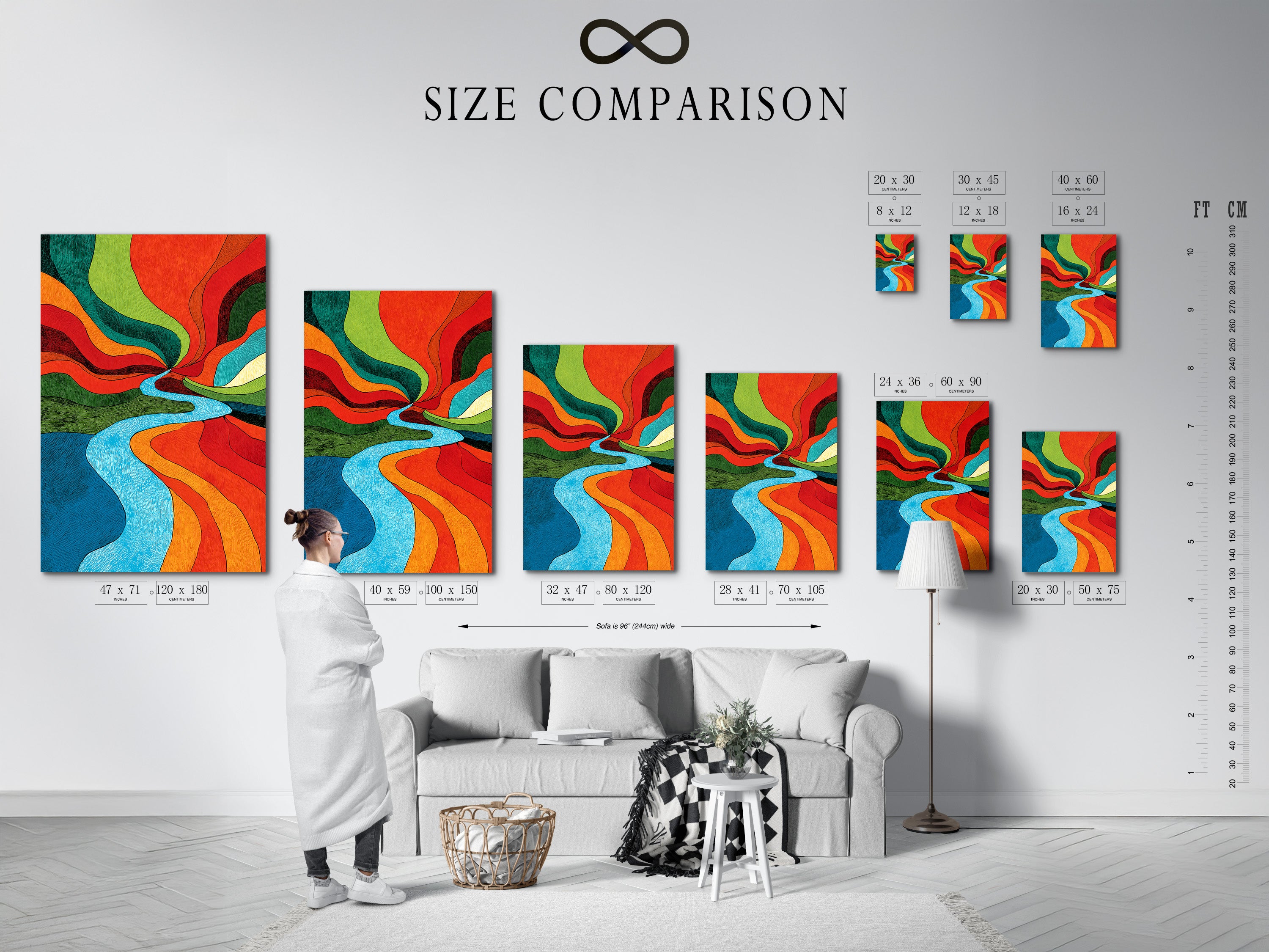 Size comparison chart displayed in an interior setting. Visualize how different sizes of artwork fit your space. This chart helps you make the perfect choice. Find the ideal art size to enhance your home decor.