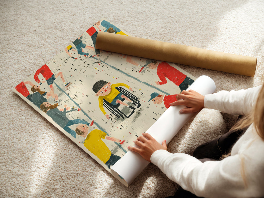 A woman rolls a fine art poster paper. The poster is an inclusive artwork that celebrates community diversity. The art features a child in a wheelchair. The poster is perfect for promoting equality and unity in any setting. It is ideal for social workers and educators.