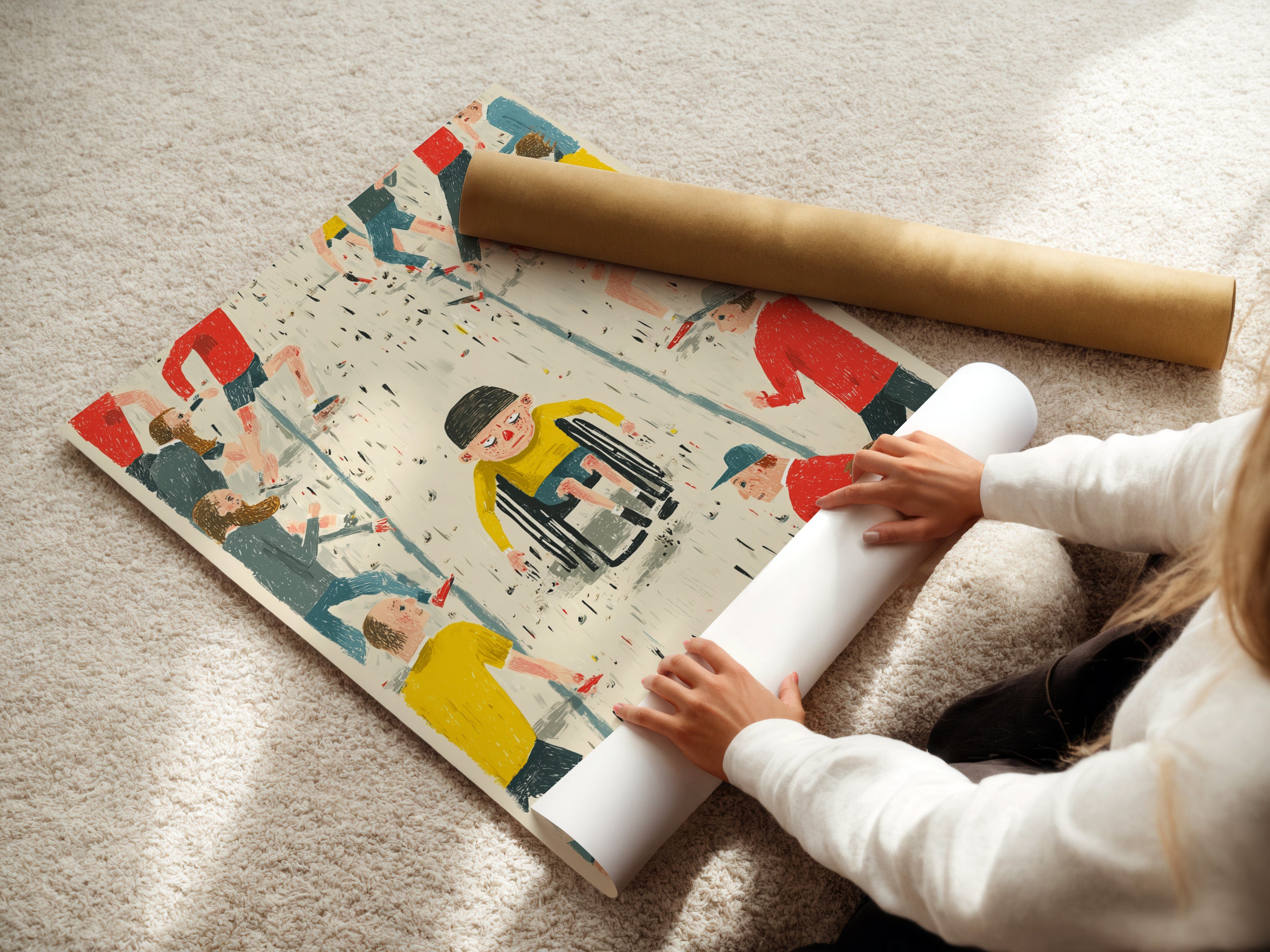 A woman rolls a fine art poster paper. The poster is an inclusive artwork that celebrates community diversity. The art features a child in a wheelchair. The poster is perfect for promoting equality and unity in any setting. It is ideal for social workers and educators.