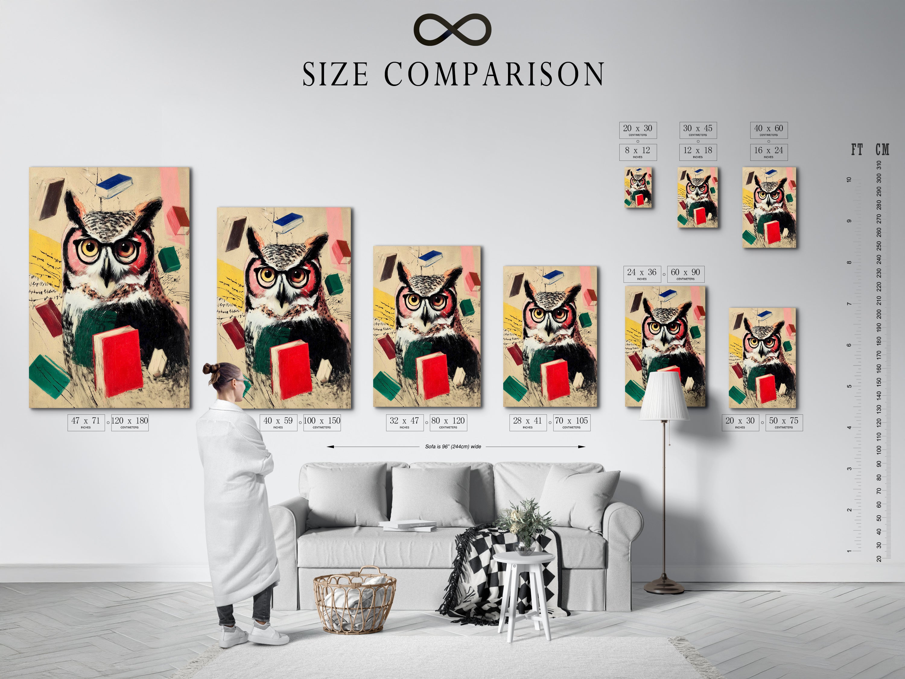 A size comparison chart is displayed in an interior setting. Choose the perfect size for your wise owl artwork. Options include stretched canvas print and fine art poster paper. Transform your space today.