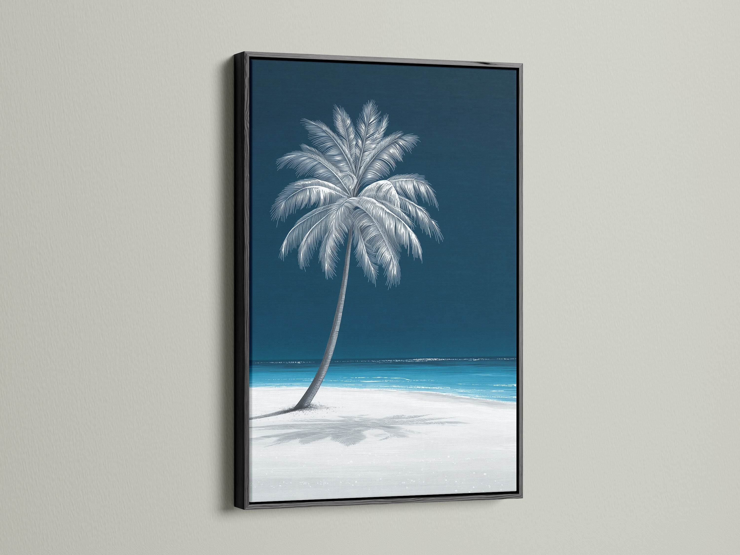 This black frame enhances the tropical palm tree art. Navy blue beach canvas print offers a modern touch. The artwork creates captivating coastal wall art for minimalist spaces.