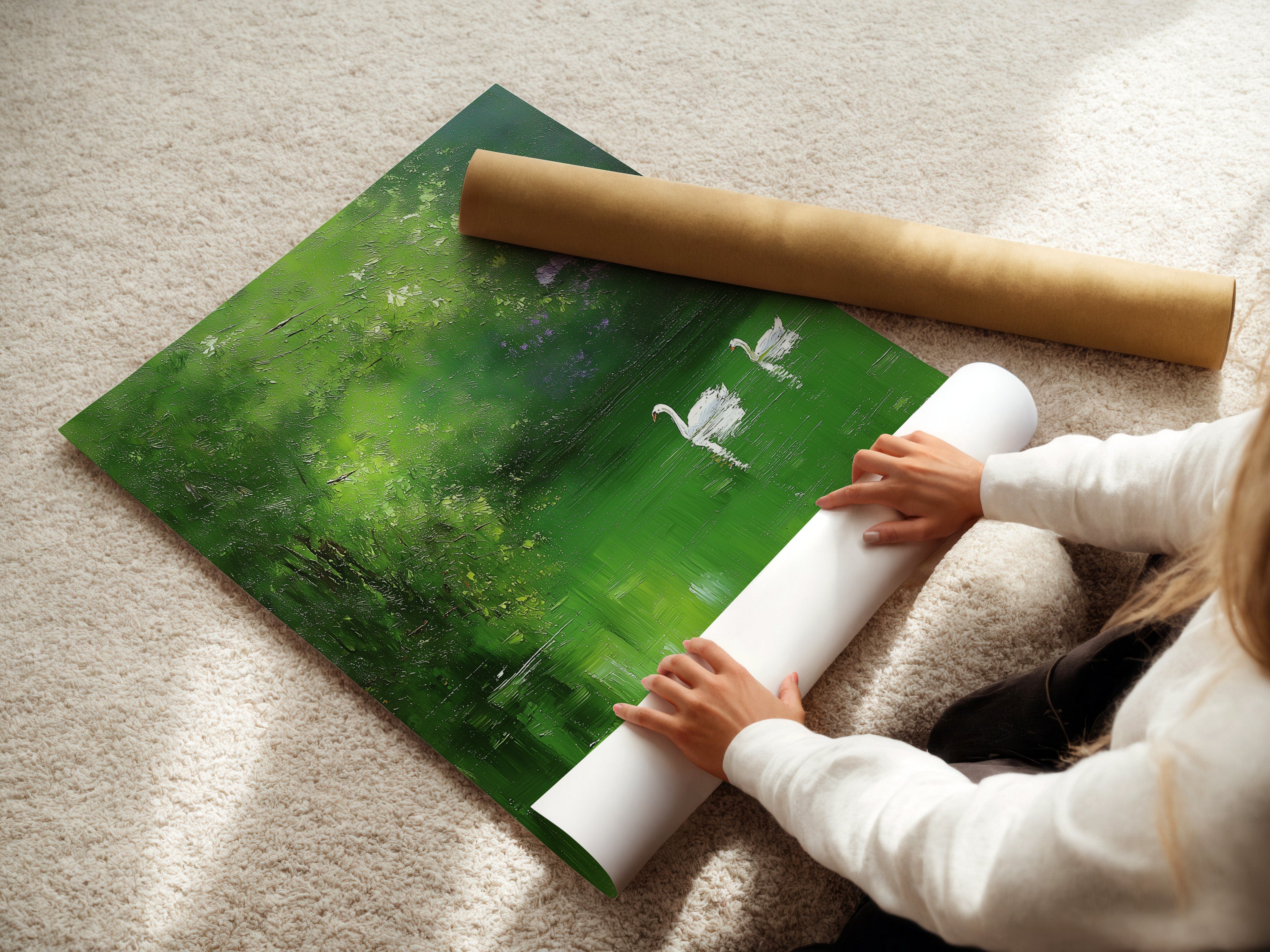 A woman carefully rolls a fine art poster paper. High-quality fine art paper ensures vibrant and lasting prints. Preserve your art with our premium poster paper. Perfect for detailed artwork. Explore our fine art paper options for your printing needs.