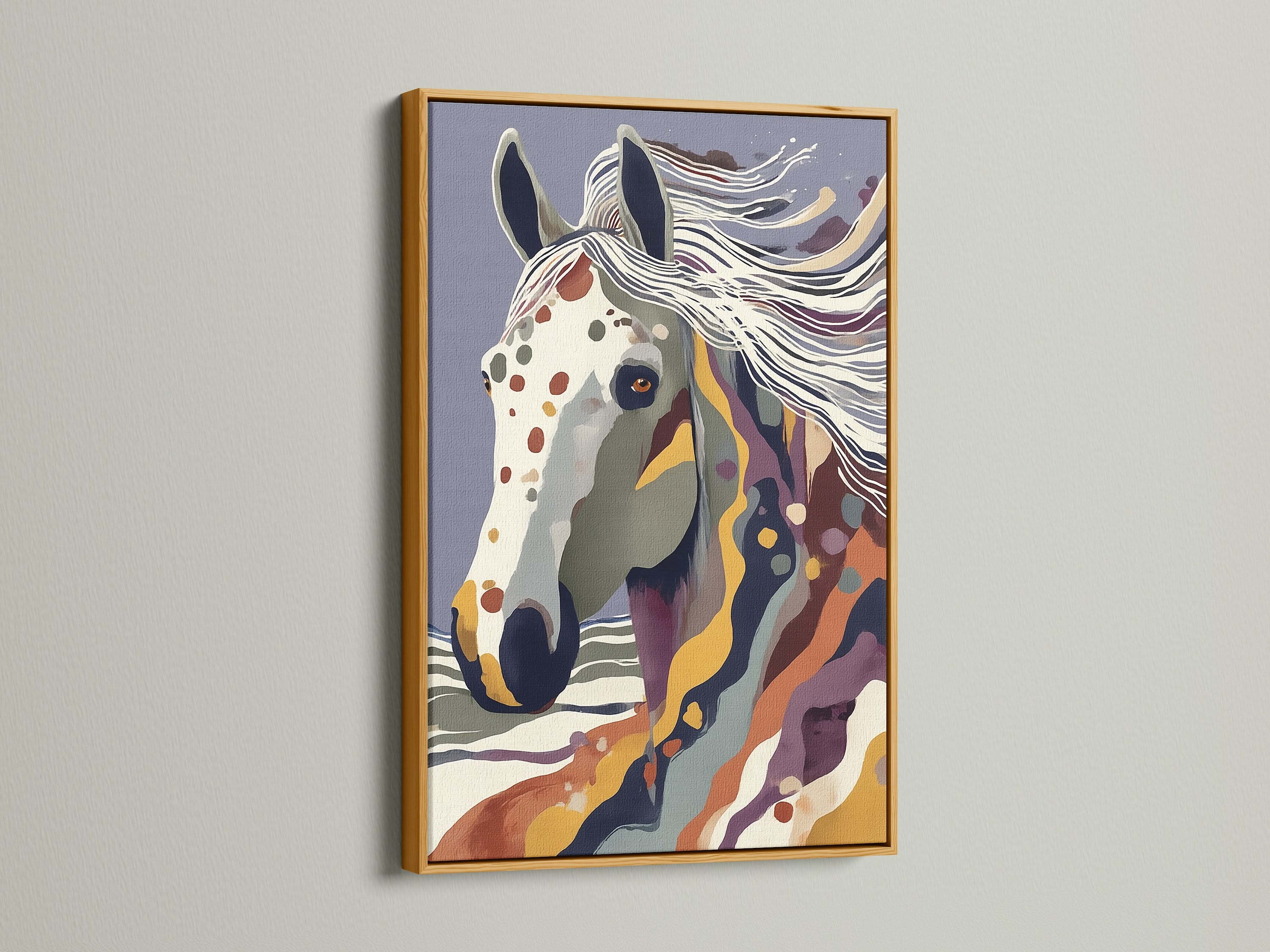 The abstract horse artwork is stunning in a gold frame. The gold frame adds a touch of luxury and sophistication. The artwork is a perfect statement piece for any room. It enhances bohemian minimalist farmhouse or eclectic styles with its unique charm.