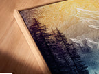 Angled close-up of a Bear Family Canvas Print in a floating frame. The mountain forest artwork appears to float. This unique presentation enhances nature landscape art. Ideal for modern interiors.
