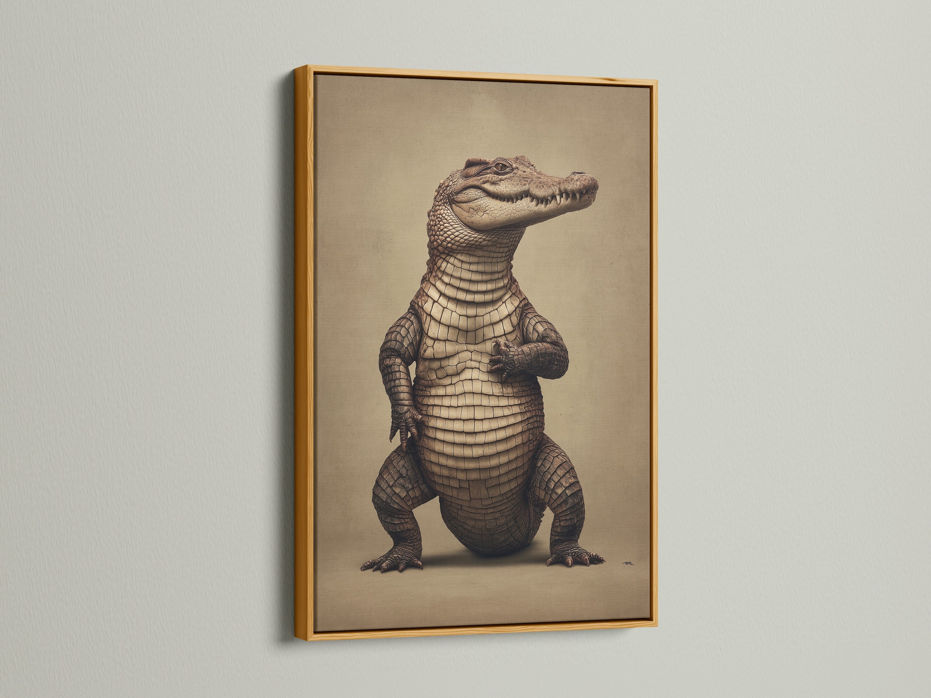 The alligator artwork is displayed in a luxurious gold frame. This sepia wildlife poster exudes elegance. Perfect for office wall art or a man cave. The vintage animal art adds a touch of sophistication. Enhance your decor with this unique piece.