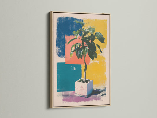 A vibrant art print featuring a potted plant is showcased in an oak frame. The wall is white. It provides a clean backdrop. Elevate your space with our framed art. Discover the perfect oak frame for your artwork.