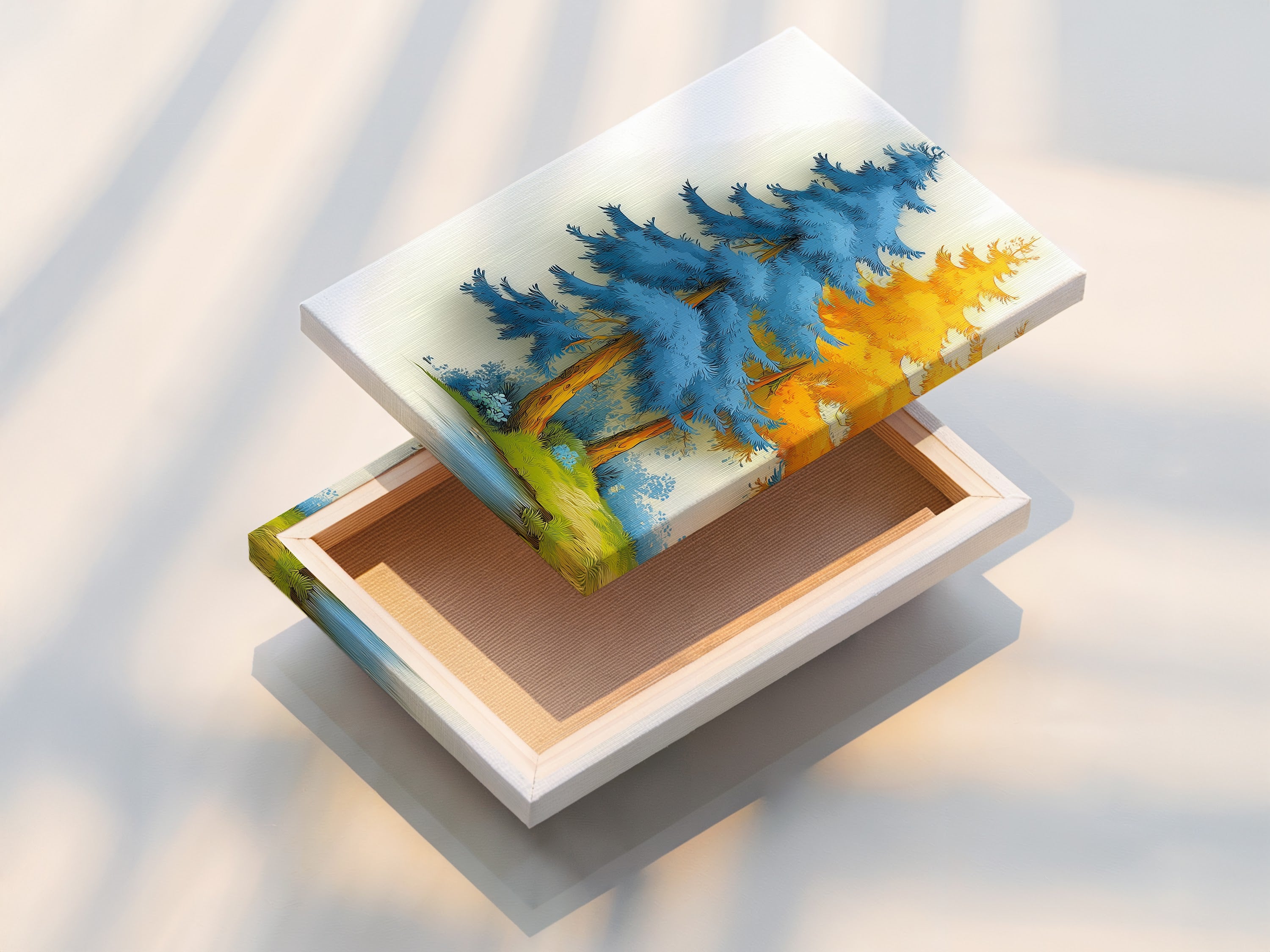 The stretched canvas print of the Blue Forest artwork is ready to hang. The canvas print offers a gallery-wrapped look. This modern artwork is durable and long-lasting. The teal and gold colors pop on the canvas. Perfect for creating a statement piece. The stretched canvas provides a clean and contemporary feel. Enhance your living space.