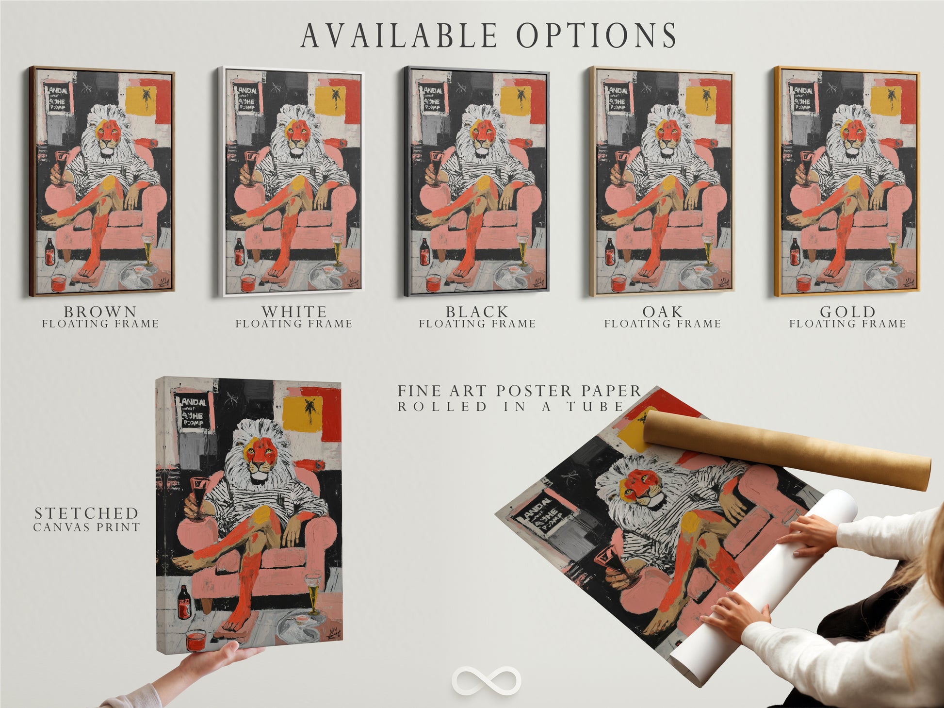 Explore available options for the Lion Man artwork. Choose from stretched canvas print fine art poster paper or floating frame. Each option enhances the contemporary print in its own way. Find the perfect style for your space.