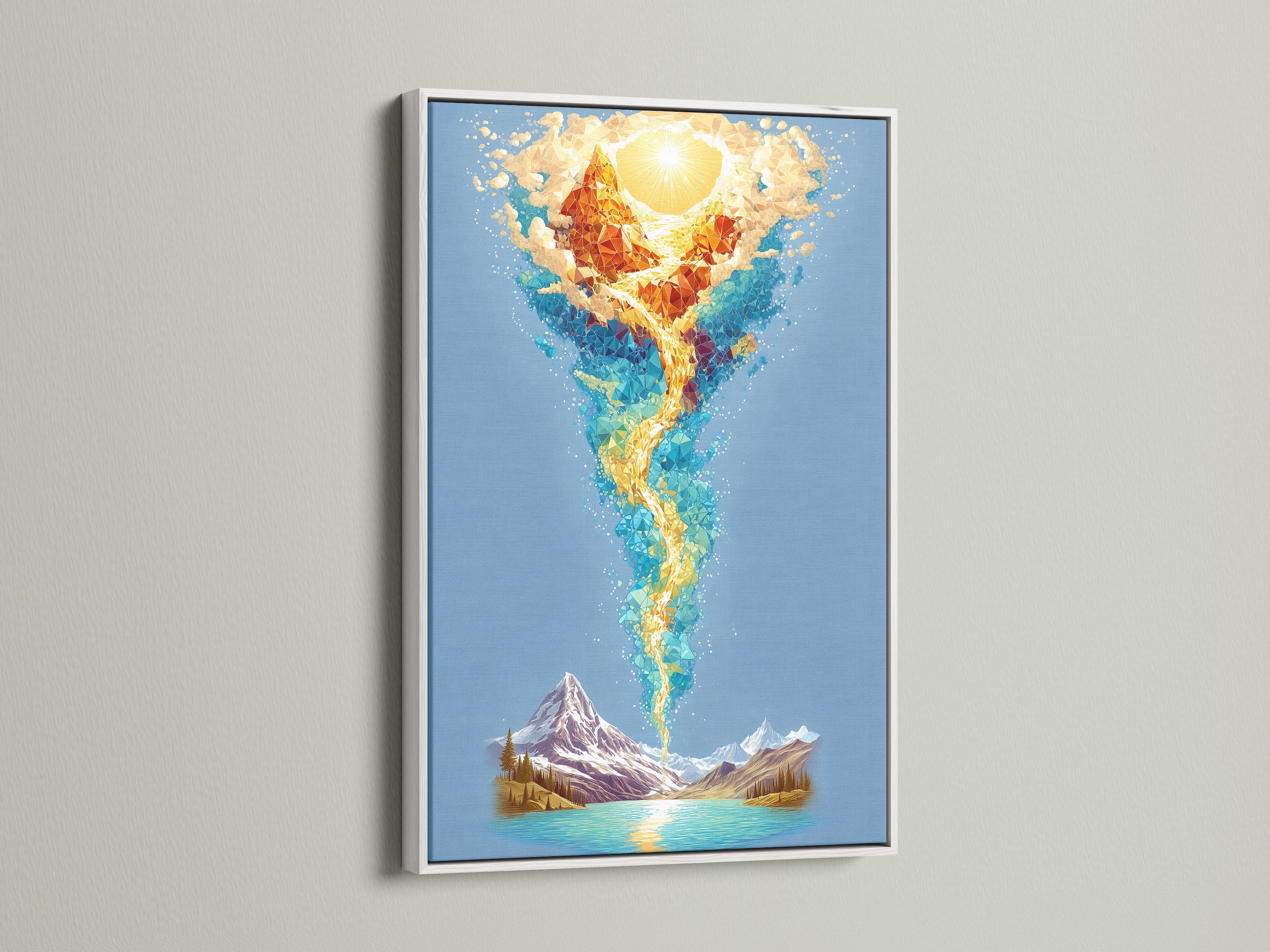 This spiritual wall art is showcased in a clean white frame. The fire water art brings an energy art print to your home. A beautiful piece of chakra wall art. Enhance your bedroom wall decor with this abstract artwork.