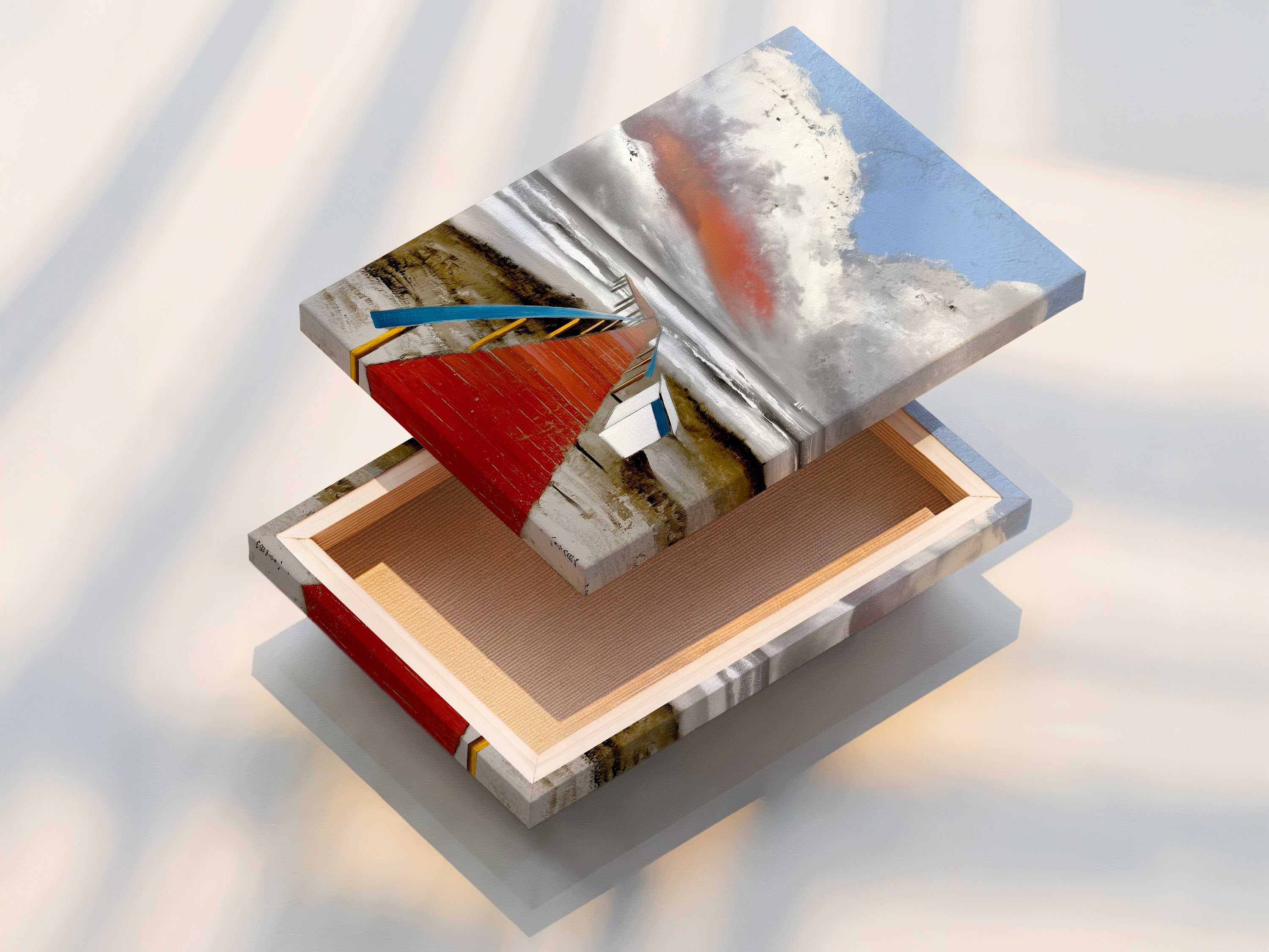 Stretched canvas print featuring a beach boardwalk. The coastal artwork captures a serene seascape. The red walkway and ocean view create a calming atmosphere. Perfect for enhancing your beach house decor with this nautical wall art for your living room.