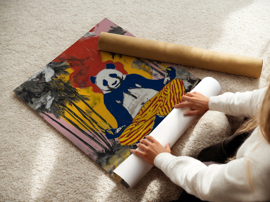 A woman is rolling a fine art poster paper. The paper features the Zen Panda art. This poster is perfect for adding a touch of zen to any room. Ideal for yoga studios and meditation spaces. Get your mindfulness print today.