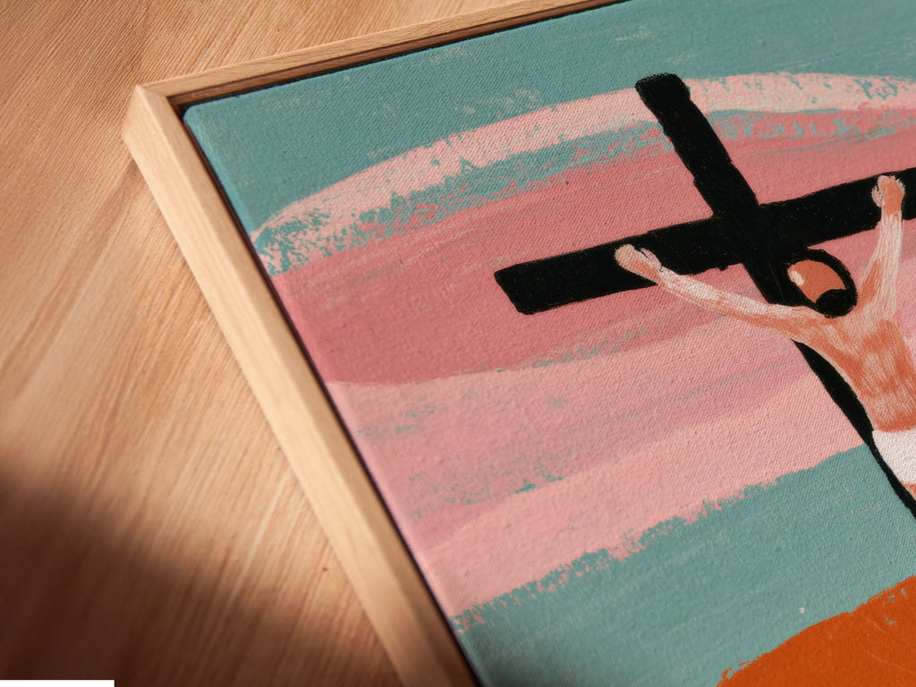 Angled close up of a canvas print in a floating frame. The floating frame creates a unique and contemporary look. The canvas appears to float within the frame. The floating frame adds depth and dimension to your artwork.