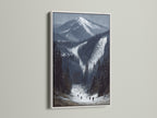 Alpine winter landscape art in a white frame. This mountain canvas showcases a snow covered ski resort. It is ideal cabin wall decor. Bring the beauty of snowy peaks into your home with this ski slope print.
