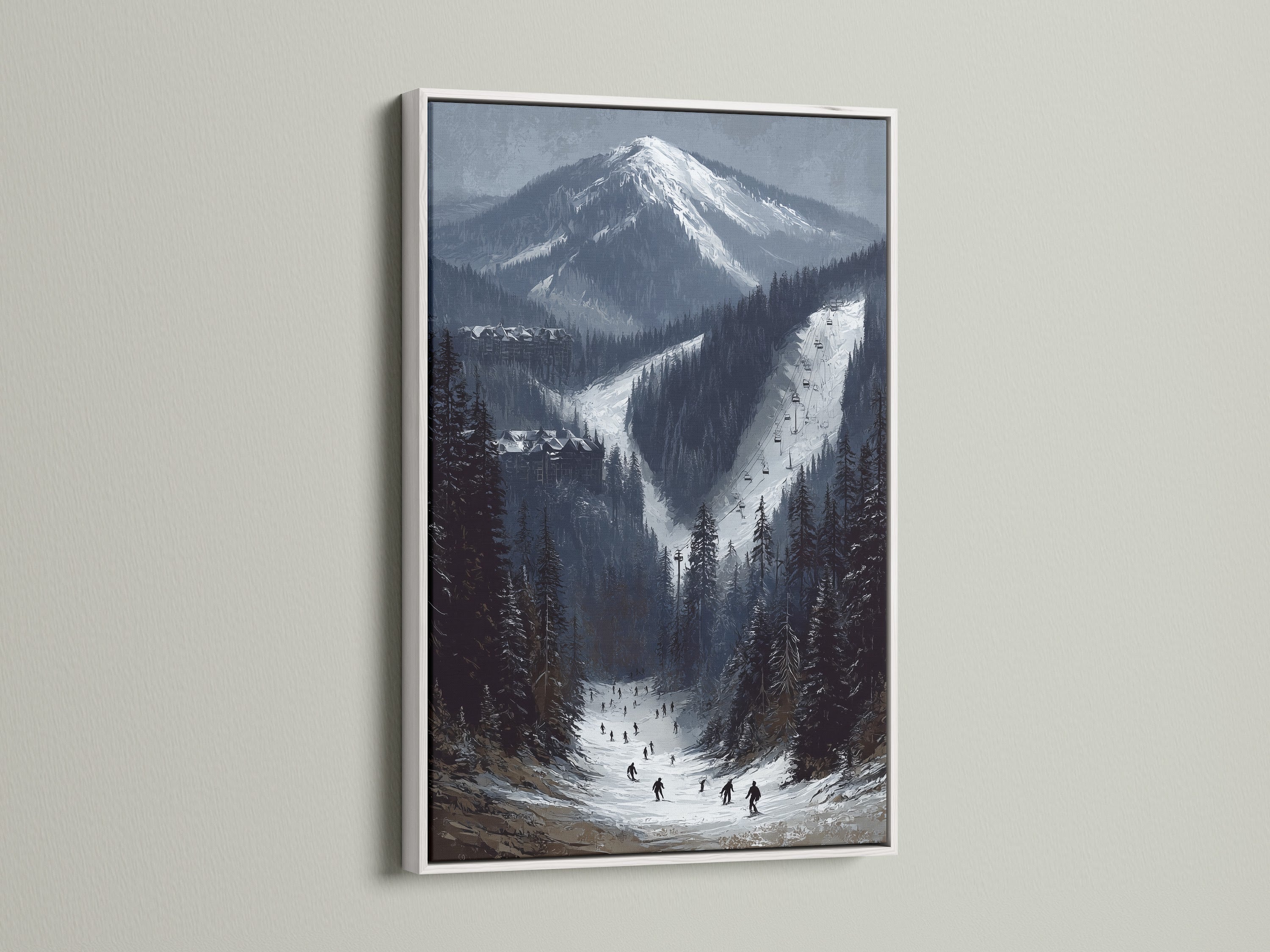 Alpine winter landscape art in a white frame. This mountain canvas showcases a snow covered ski resort. It is ideal cabin wall decor. Bring the beauty of snowy peaks into your home with this ski slope print.