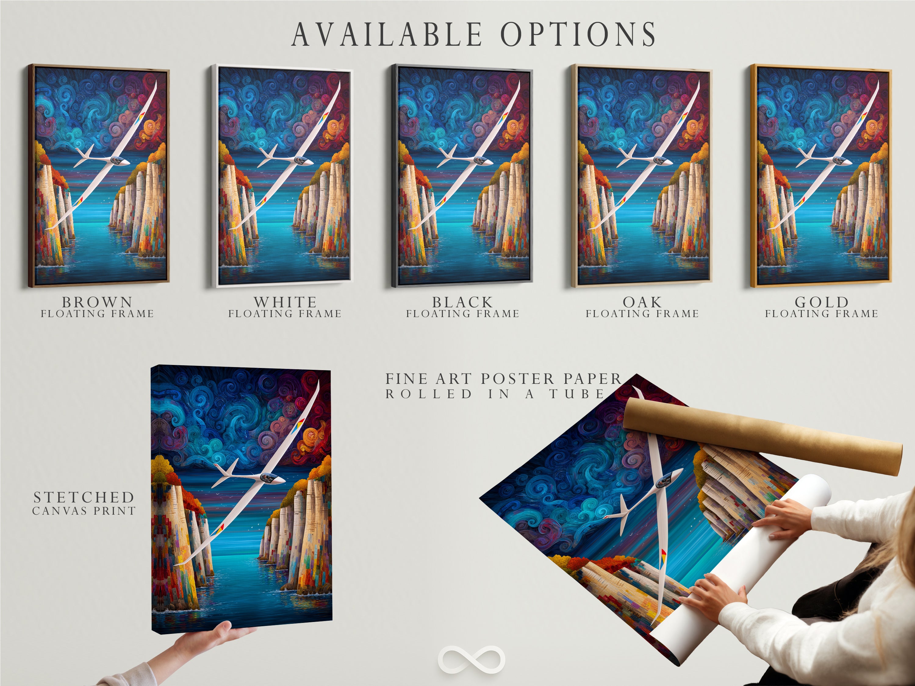 Available options include a stretched canvas print fine art poster paper and a floating frame. The sailplane aviation artwork features a colorful cliff landscape. Choose the perfect format for your style