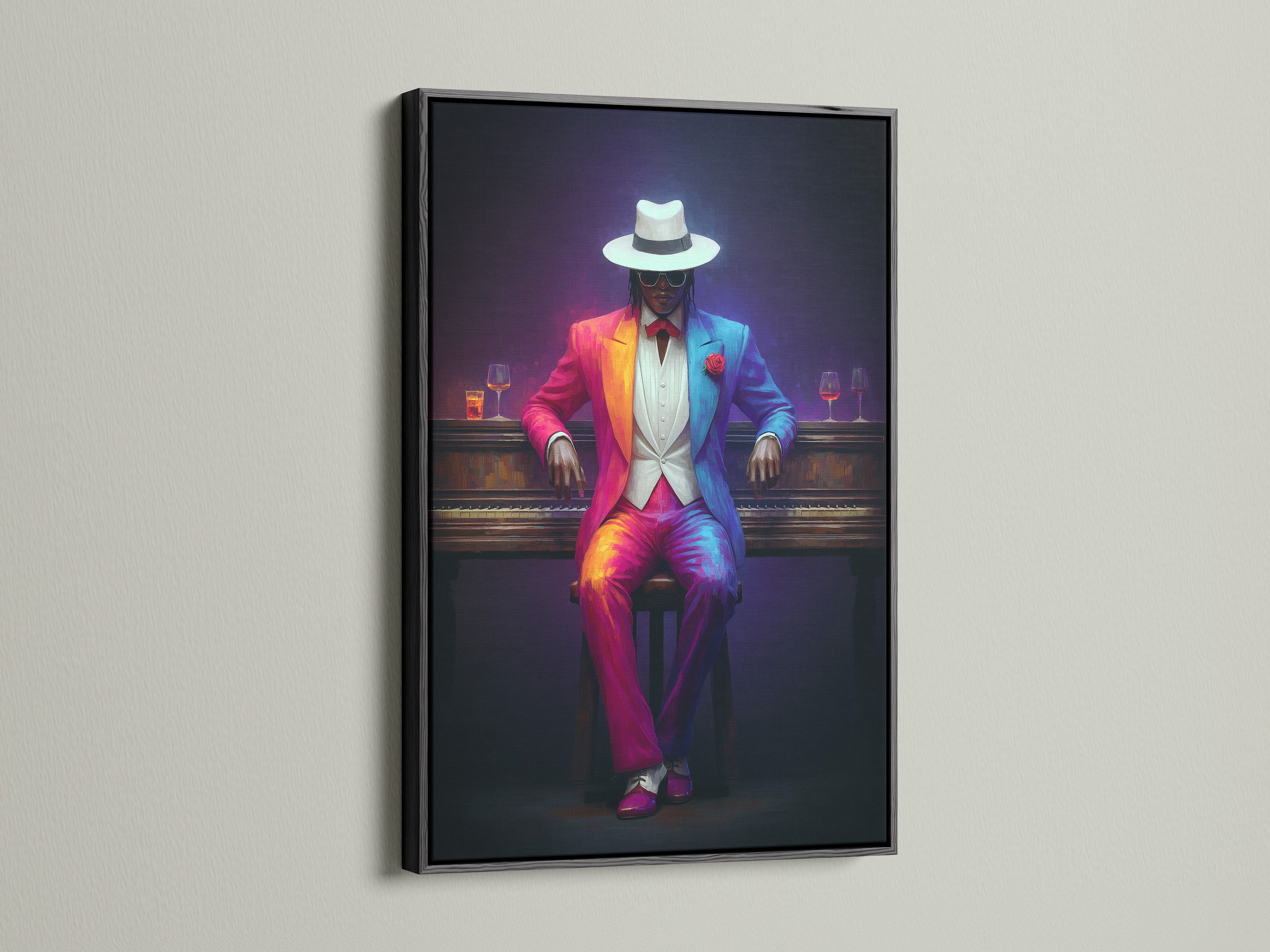 Neon Suit Portrait art print in a black frame. This colorful art is perfect for office wall decor. The neon aesthetic adds a touch of modern style. It suits contemporary eclectic or Art Deco styles. It is perfect as living room wall art home bar decor or office wall art.