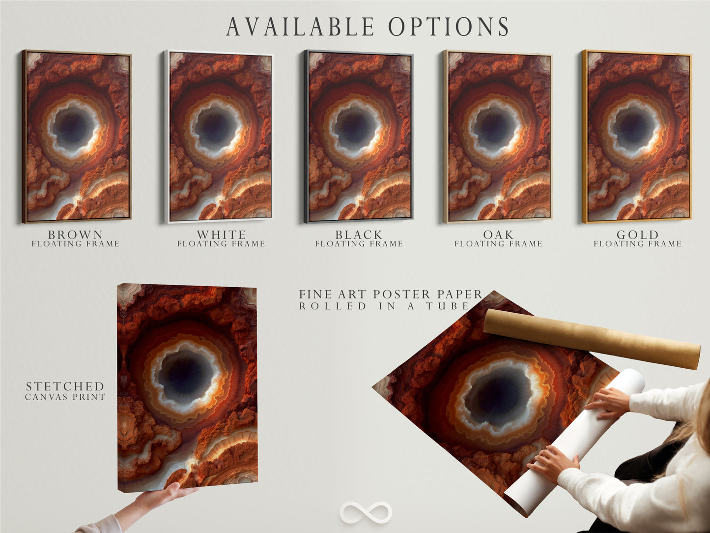 Available options include a stretched canvas print. Also available is fine art poster paper and a floating frame. The artwork is a Rust Orange Agate Wall Art. A Modern Crystal Canvas Print perfect for Office Decor.