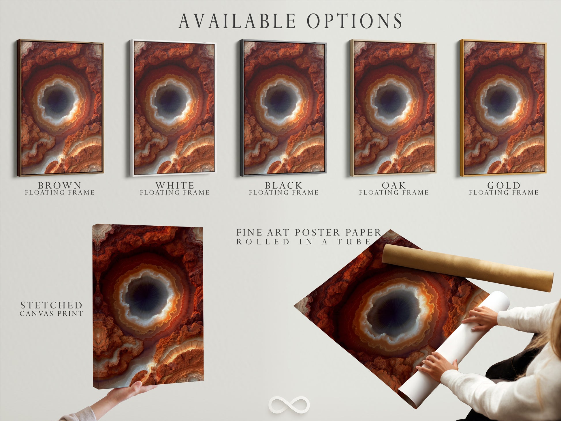 Available options include a stretched canvas print. Also available is fine art poster paper and a floating frame. The artwork is a Rust Orange Agate Wall Art. A Modern Crystal Canvas Print perfect for Office Decor.