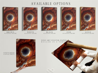 Available options include a stretched canvas print. Also available is fine art poster paper and a floating frame. The artwork is a Rust Orange Agate Wall Art. A Modern Crystal Canvas Print perfect for Office Decor.