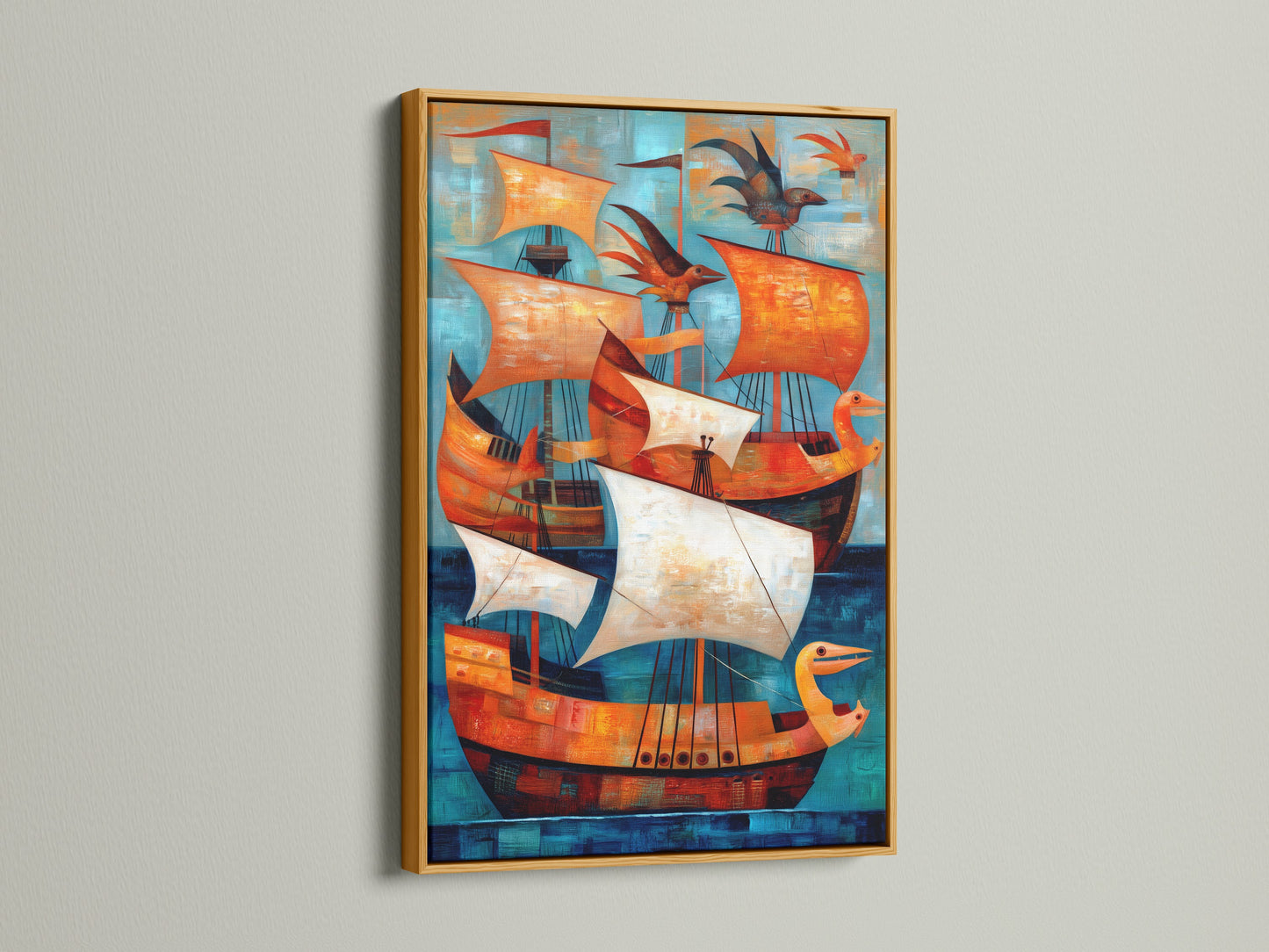Vintage Ships Canvas Artwork with a Gold Frame. Nautical artwork featuring ships in teal and orange colors. It complements coastal modern or eclectic settings. This piece enhances living rooms bedrooms or offices. Explore framed art.