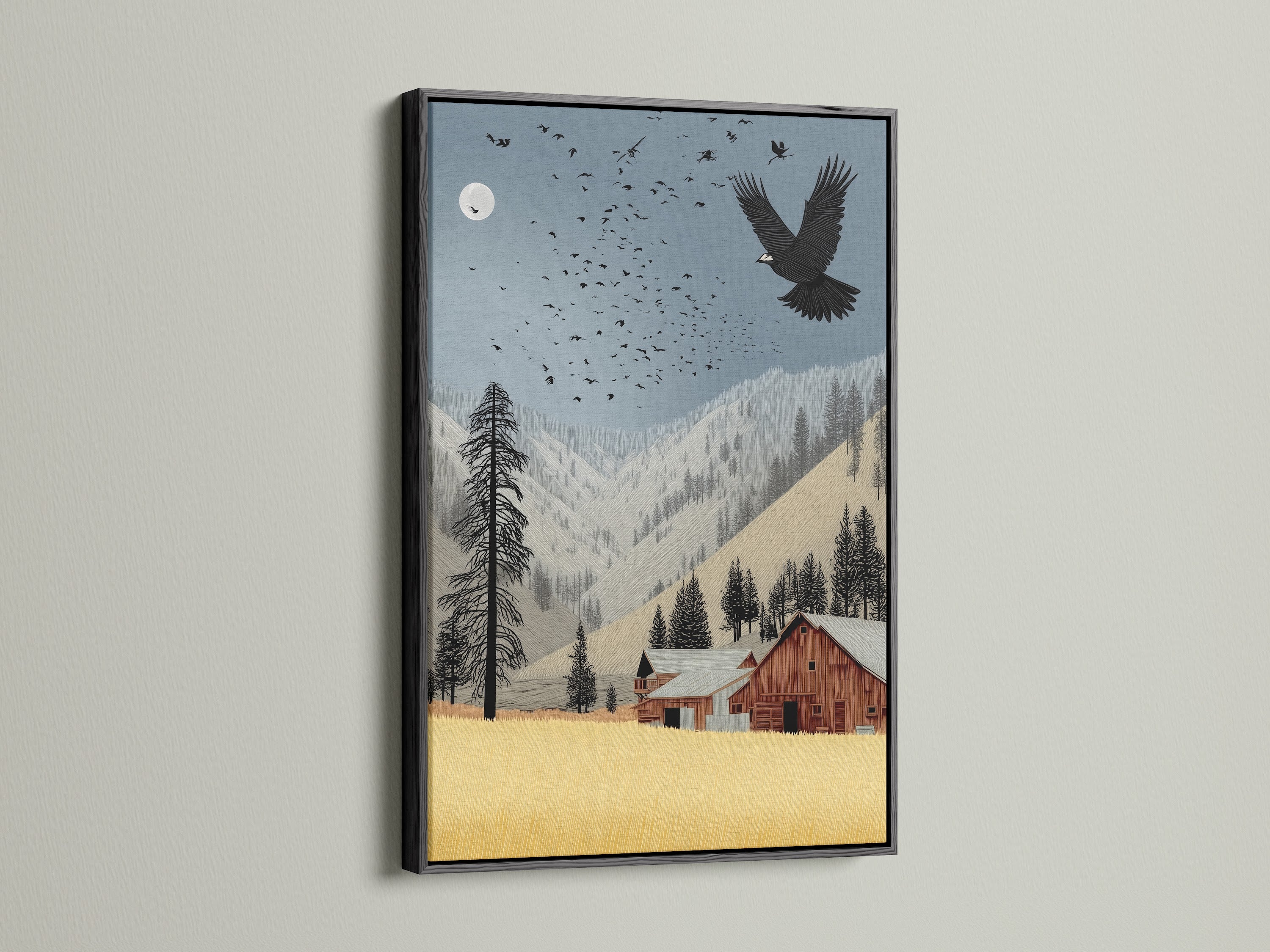 An eagle artwork in a black frame. This rustic art piece features a barn landscape. It adds a touch of nature to your home decor. This vintage print is perfect for farmhouse or cabin-themed spaces. It enhances any wall with its countryside charm.